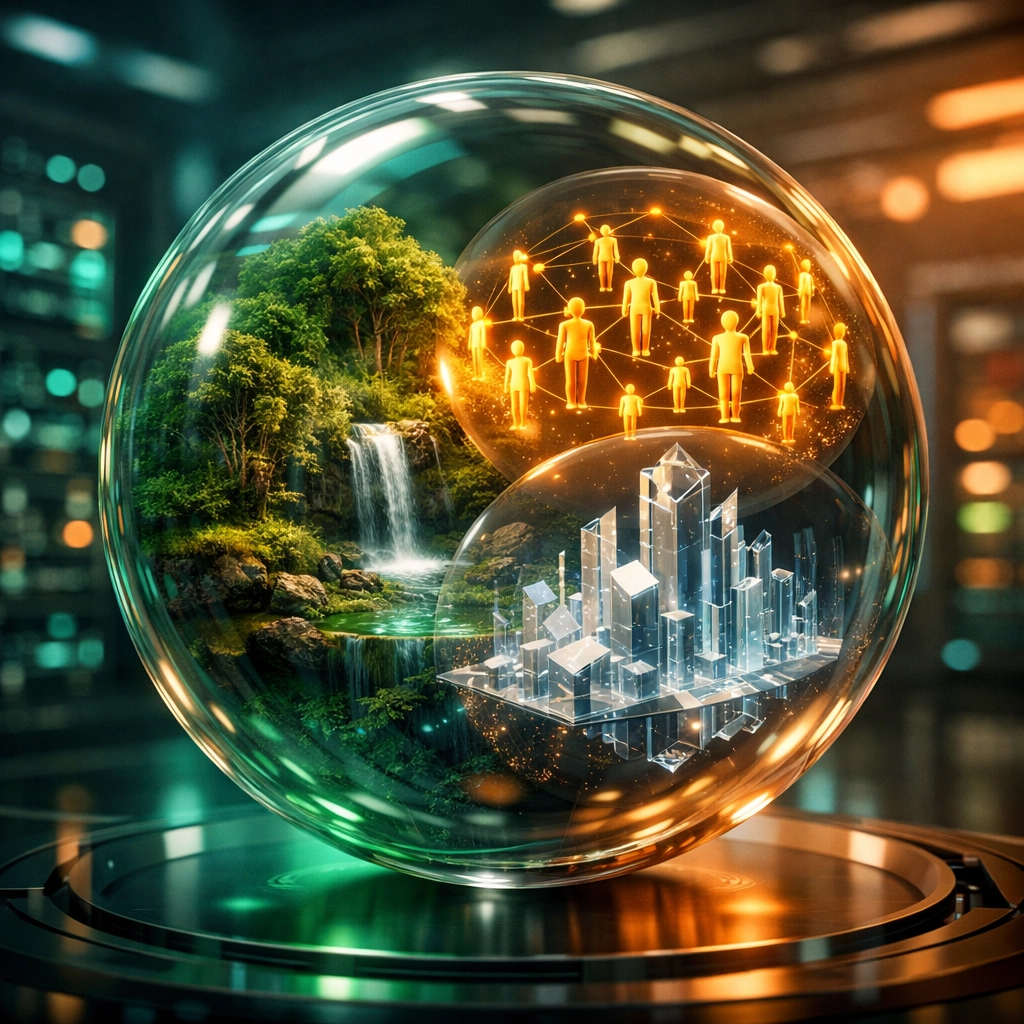 A futuristic sphere illustrating the integrated pillars of environmental, social, and governance ESG criteria.