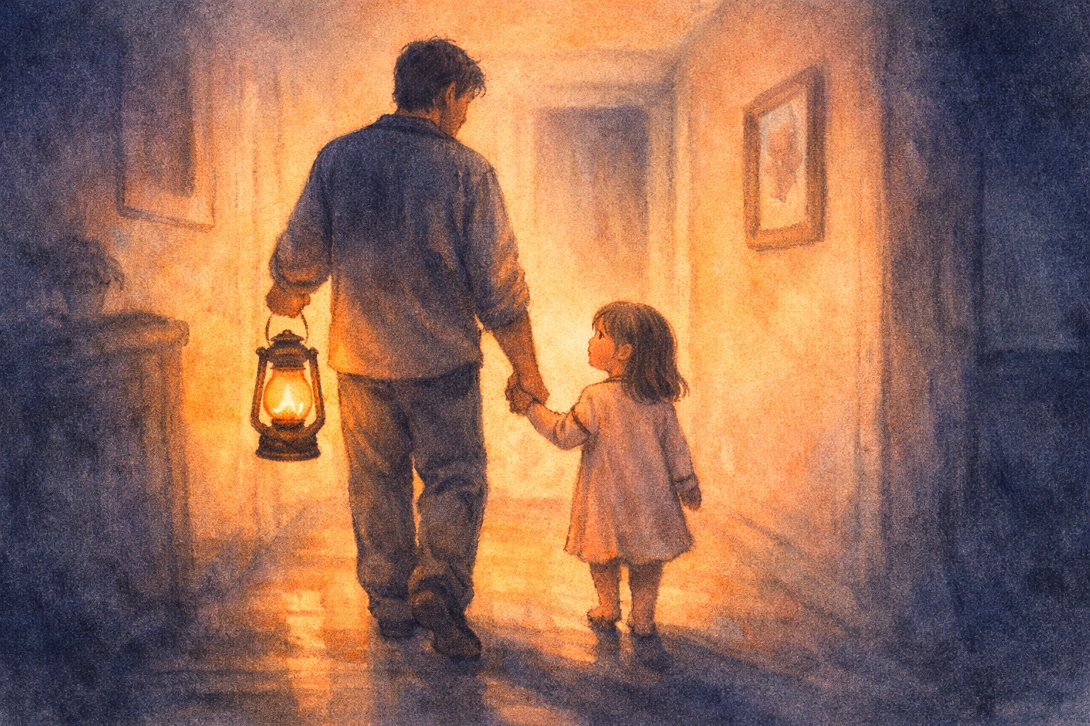A father and daughter walking together with a glowing lantern, illustrating the Bible as a guide for family life.