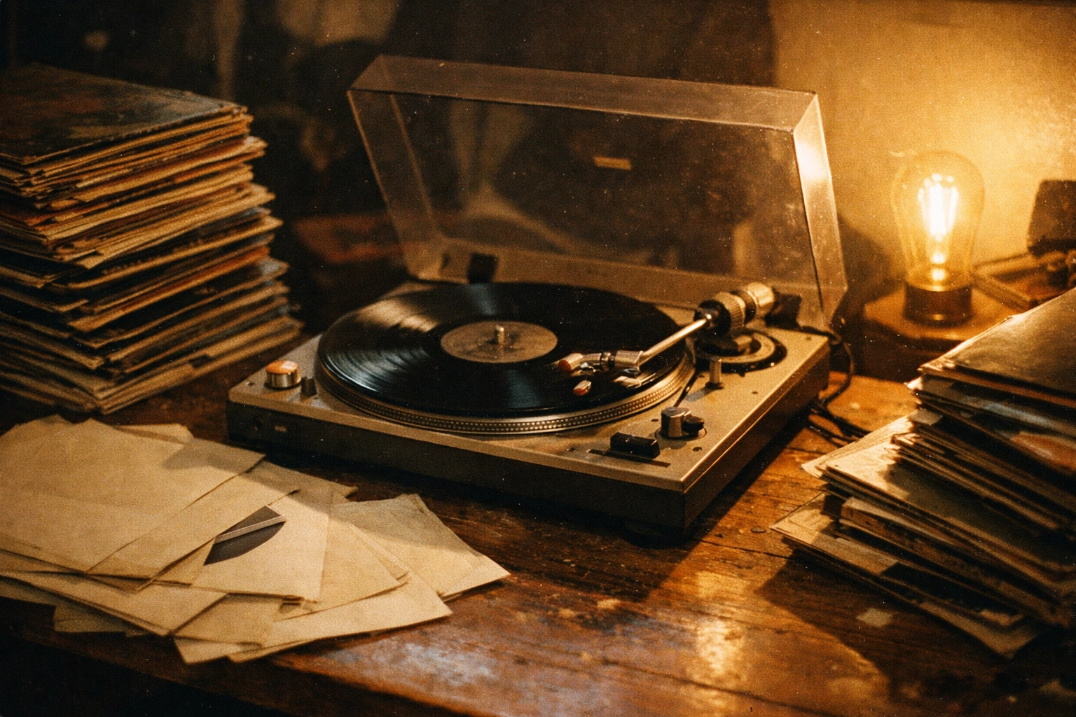 Dusty turntable on a worn wooden table next to a small stack of records and paper inner sleeves, warm lamplight, gritty crate-digger vibe.