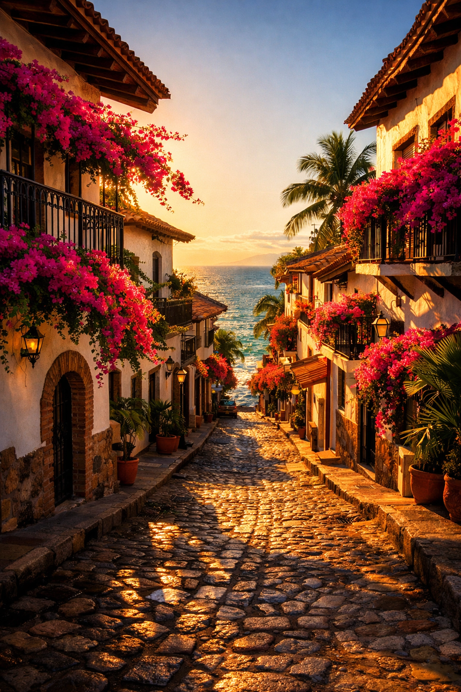 Sun-drenched cobblestone street in Puerto Vallarta's Zona Romántica near romantic apartments for rent in Puerto Vallarta.