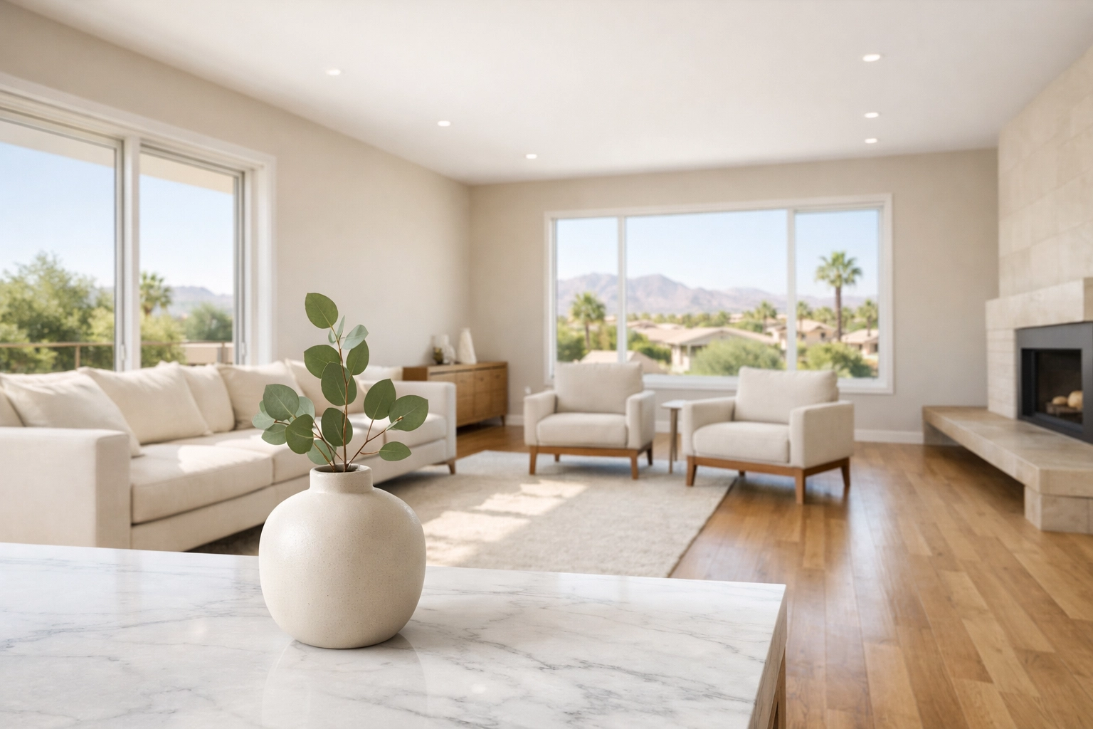 Decluttered living room with neutral paint to increase home value before selling a house.