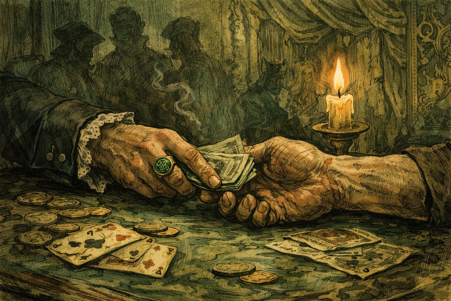 Hands across a gambling table symbolizing debt and desire in Venetian MM historical romance