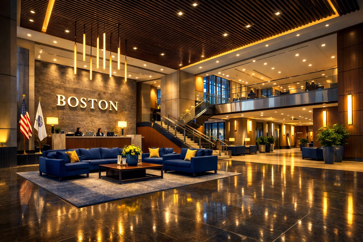 A spotless modern corporate lobby showcasing the best commercial cleaning in Boston.