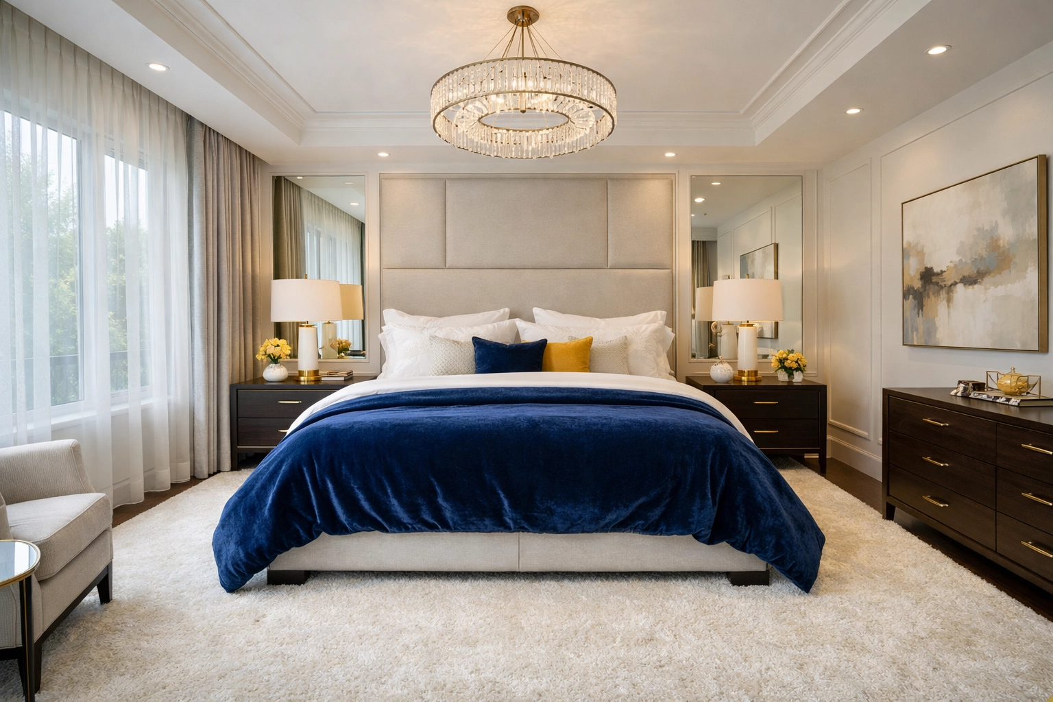 Pristine luxury bedroom with fresh white linens, a result of premium cleaning services Somerville MA.