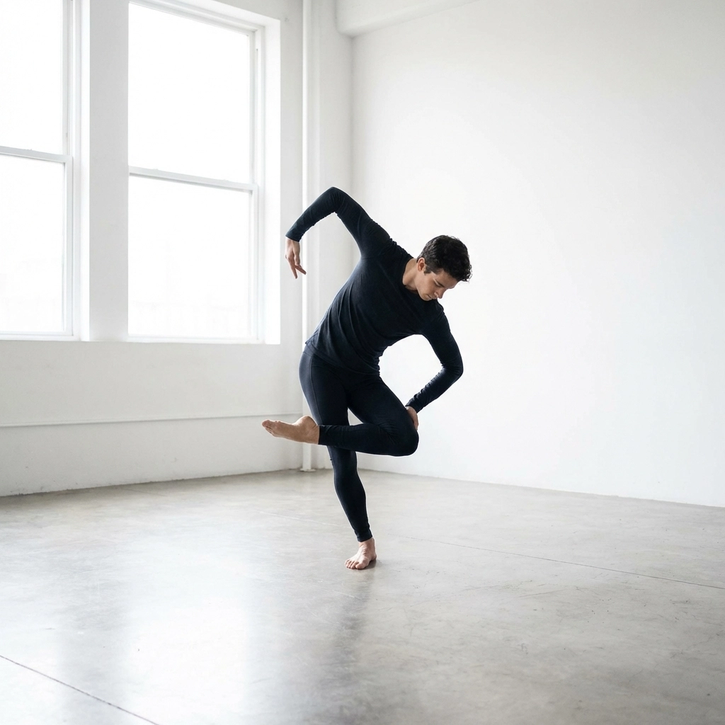 Artistic pose using angular lines and negative space to create geometric balance in nude photography.