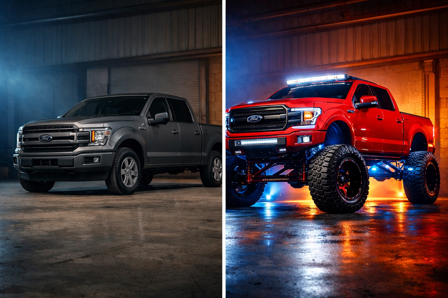 Stock truck versus lifted truck comparison showing ReadyLift suspension transformation