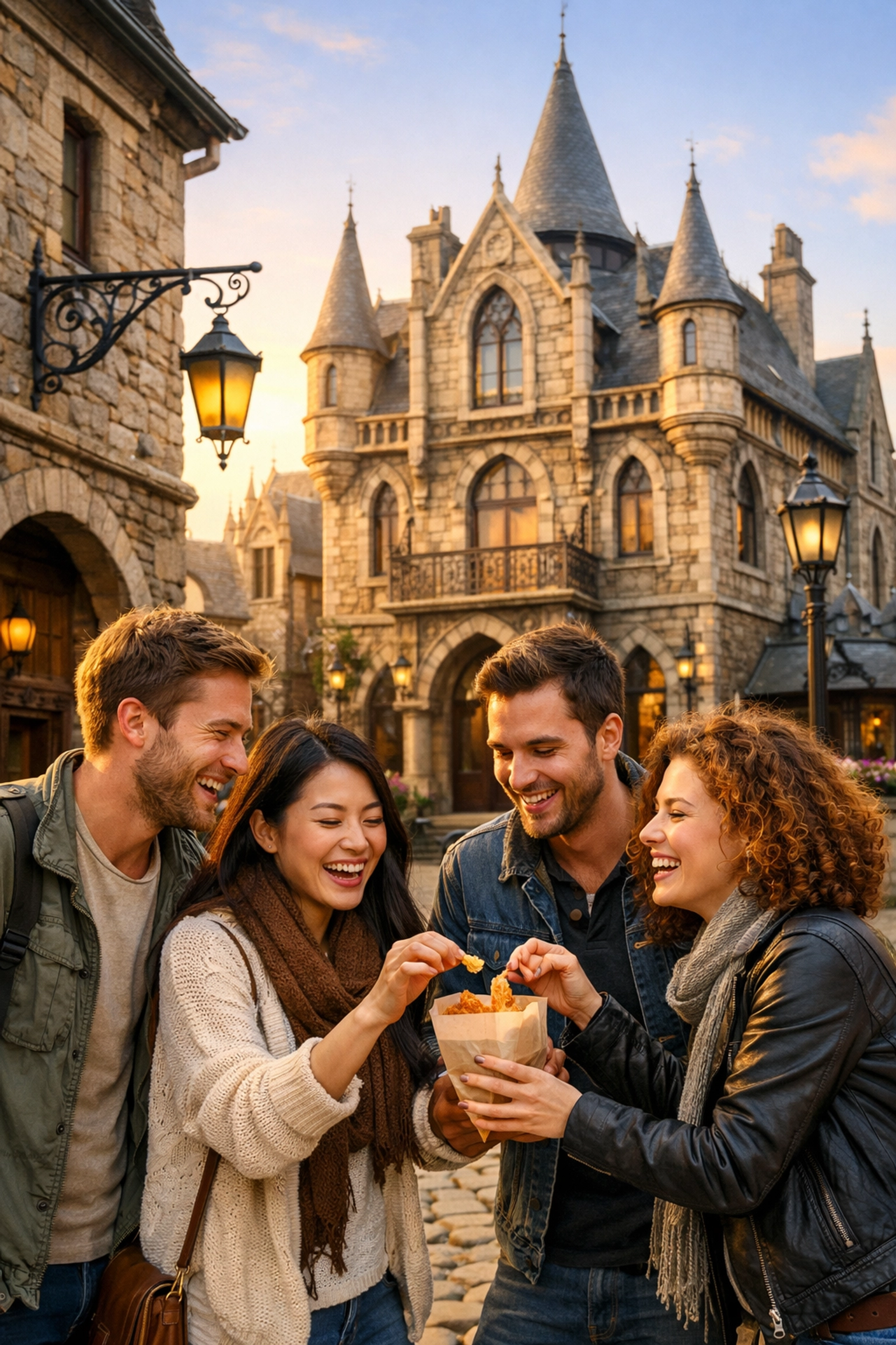 Friends enjoying the Gothic-inspired village architecture of the Dark Universe land at Universal Epic Universe.