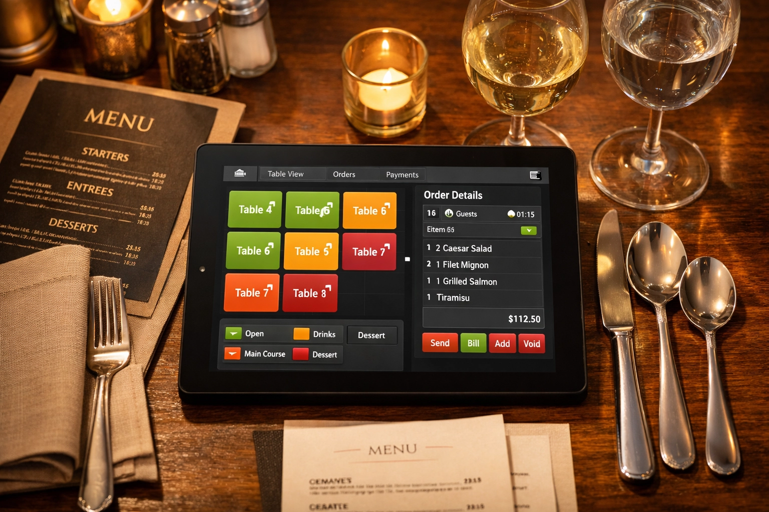 Restaurant POS tablet showing table management interface with elegant dining setup
