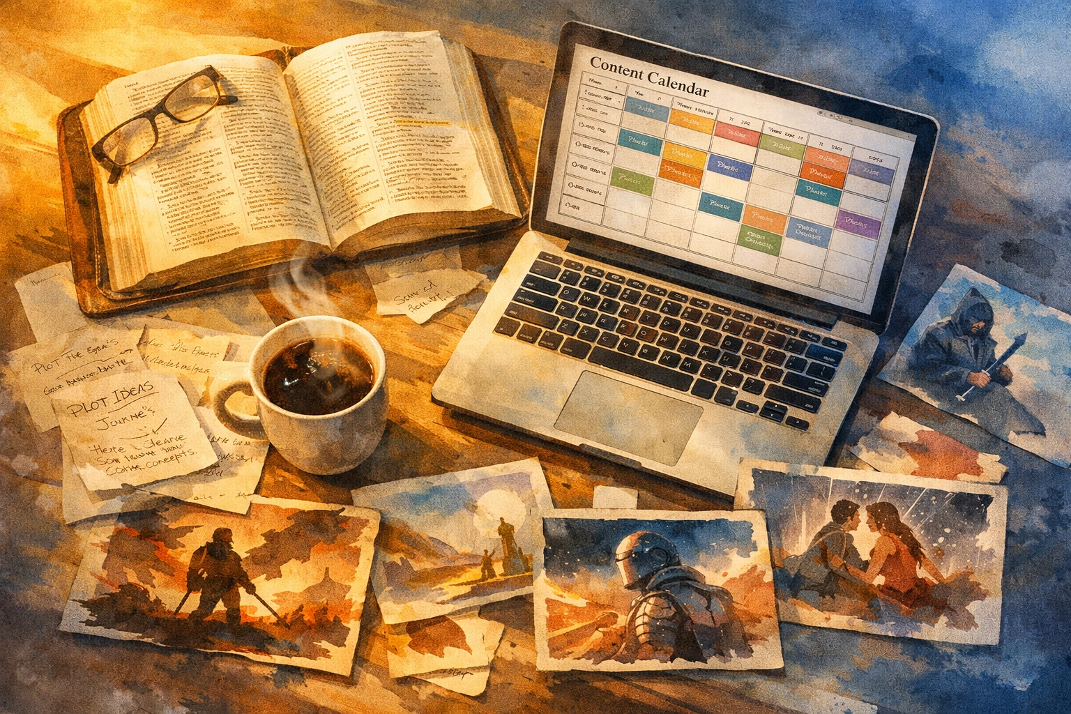 Faith-driven content creator workspace with Bible, laptop showing content calendar, and story notes