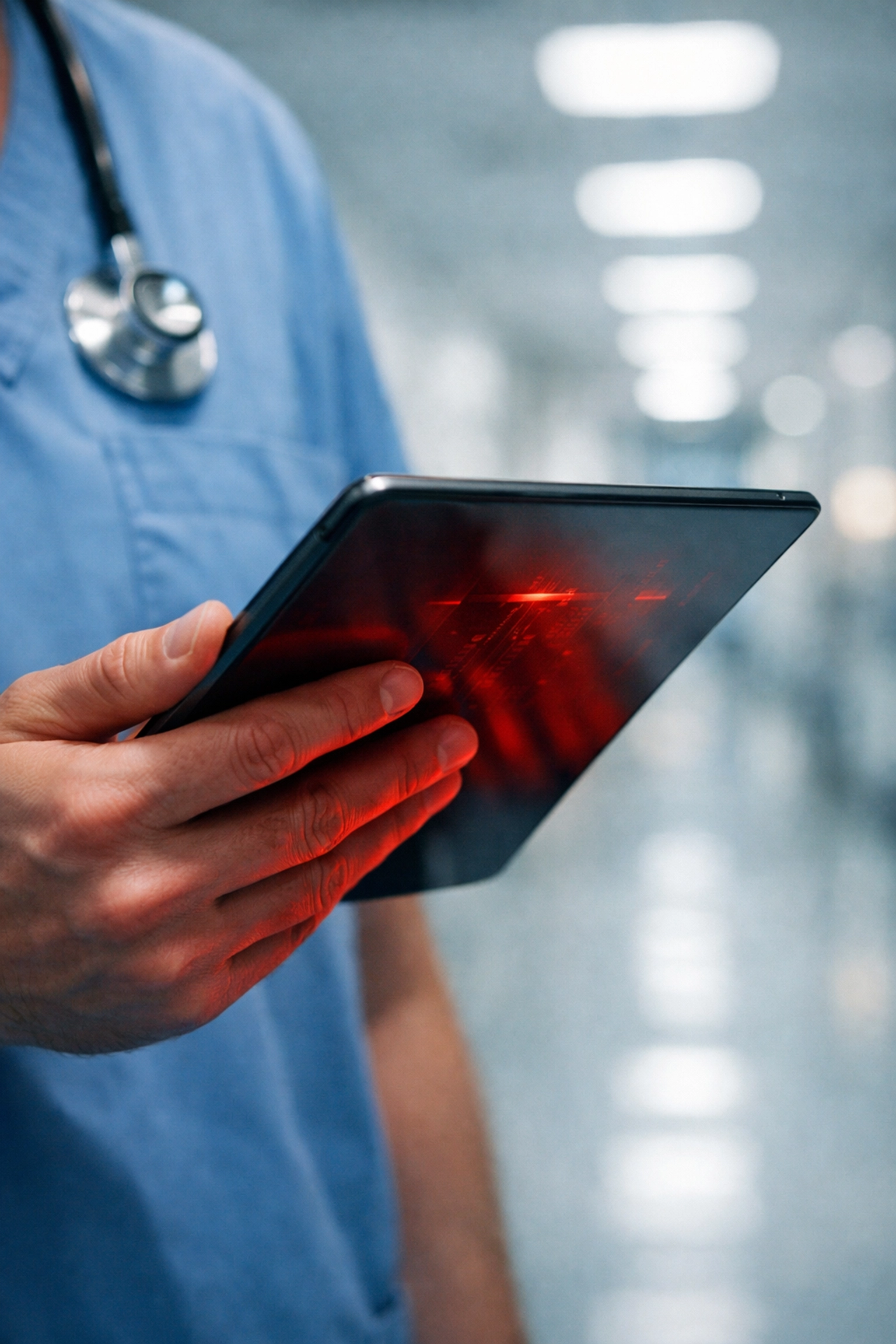 A medical tablet held in a hospital, symbolizing digital threats to patient data within the US healthcare system.