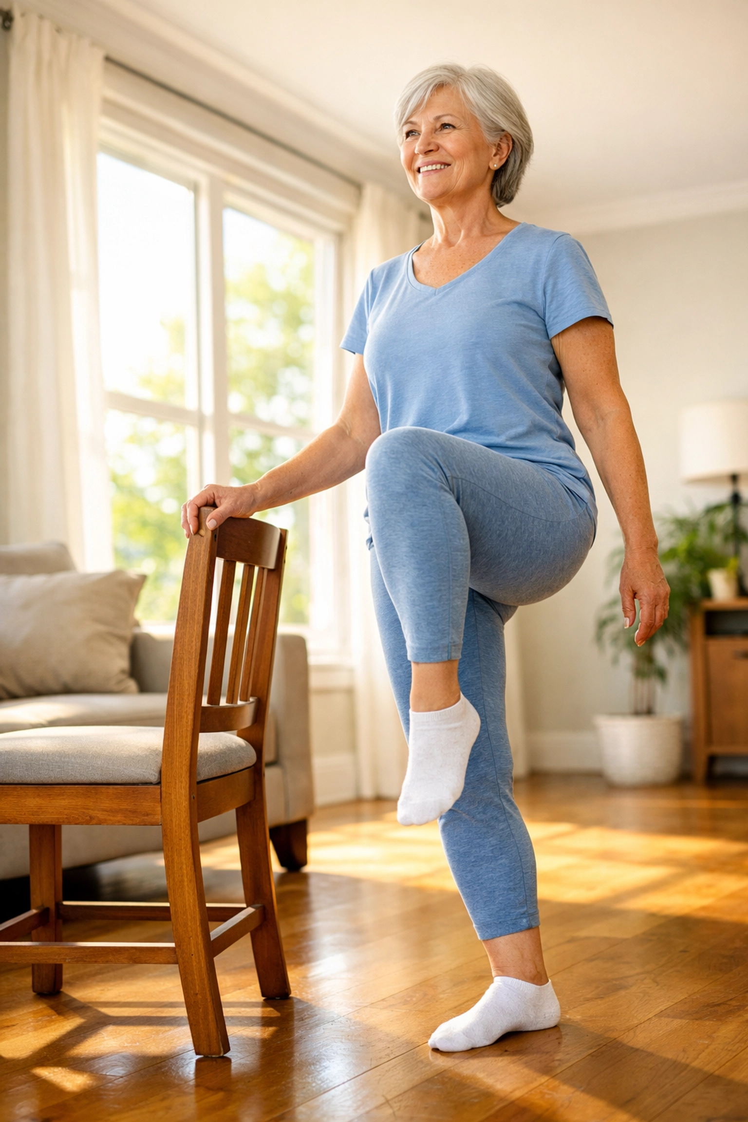 Senior woman practicing single-leg balance exercise at home for fall prevention