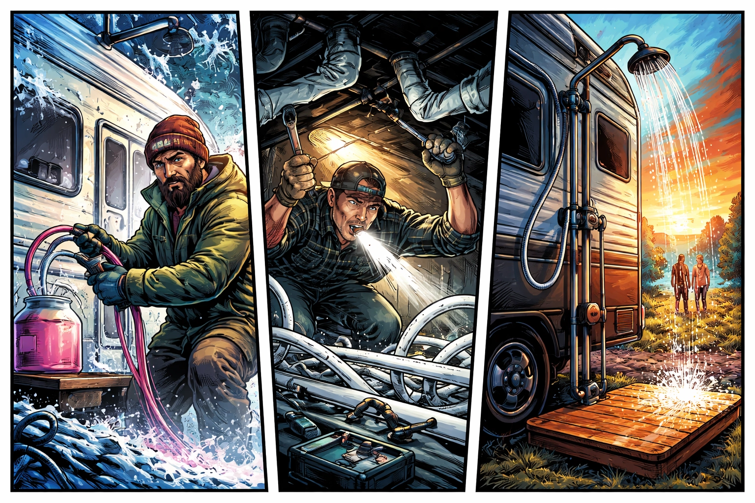 Comic style scenes of RVers using 1/2 PEX to garden hose adapters for winterizing, repairs, and outdoor showers