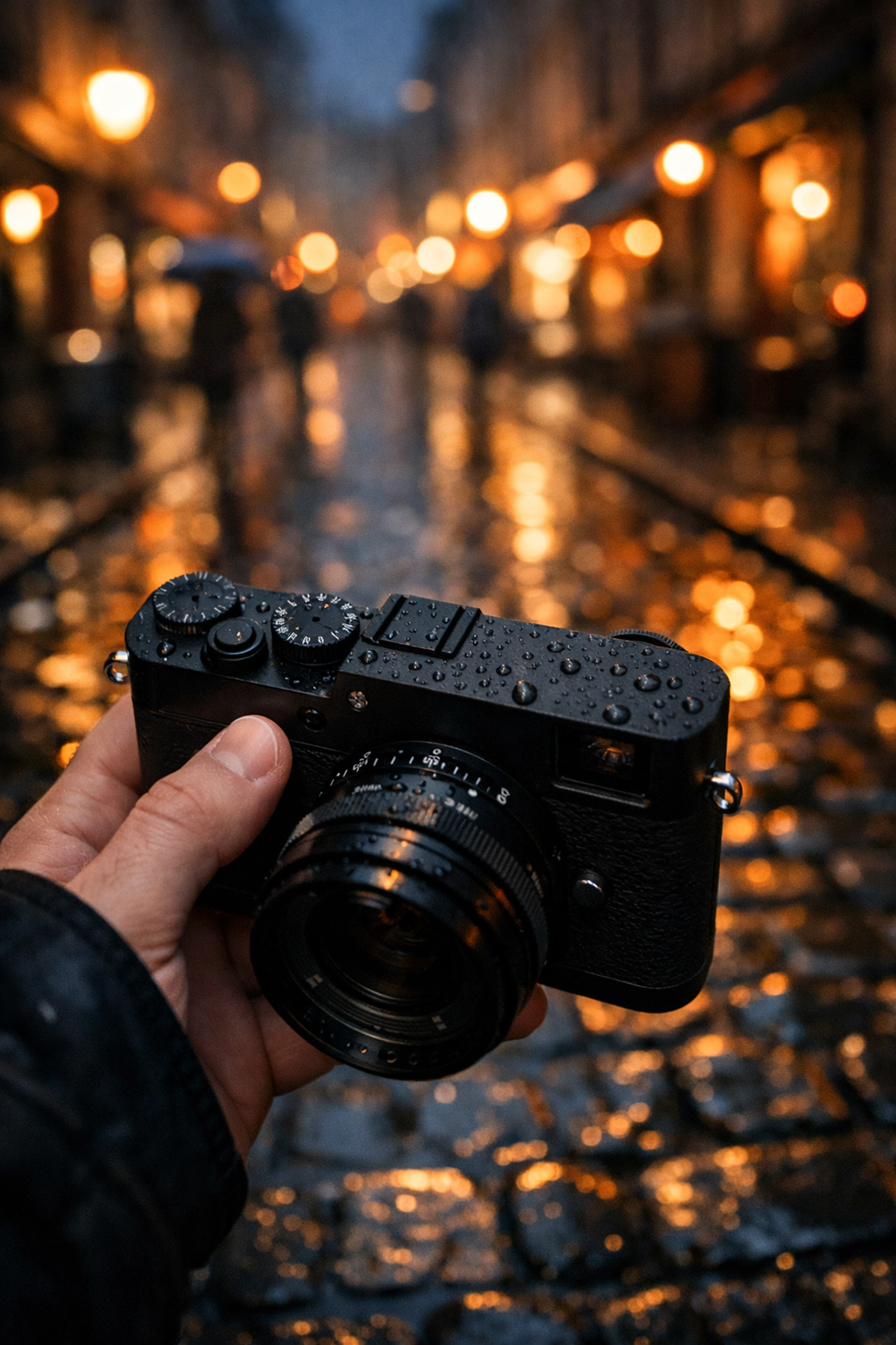 Close-up of a premium mirrorless camera in a city, reflecting the latest camera gear and software updates.