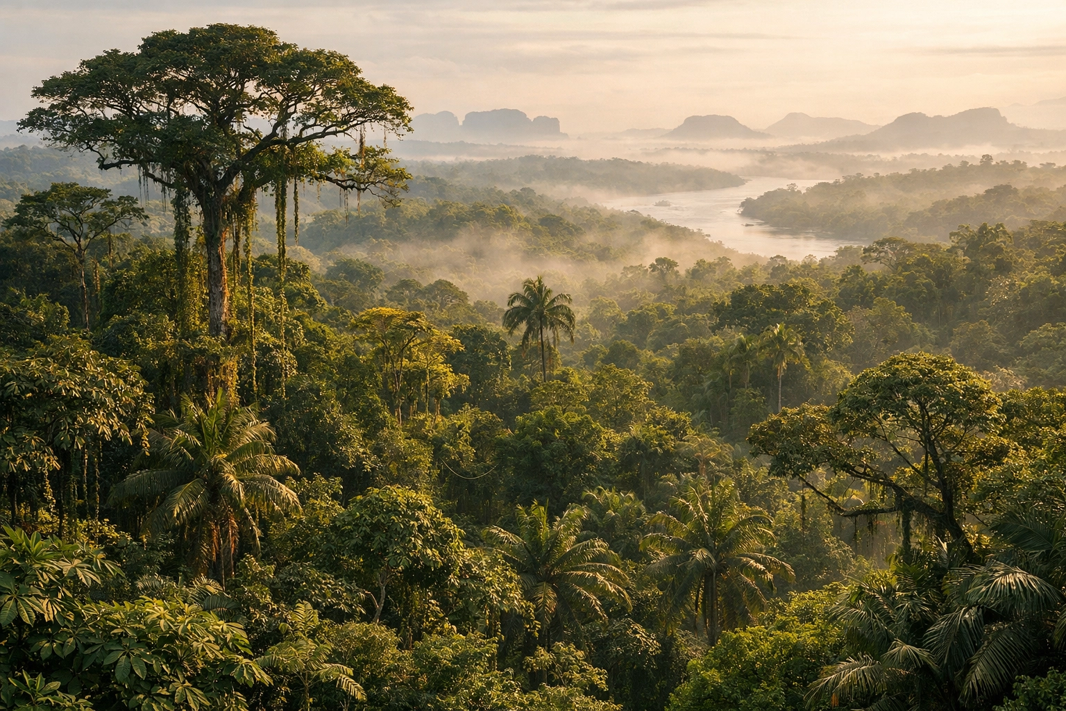 Detailed canopy view of the Colombian Amazon showing layered rainforest structure