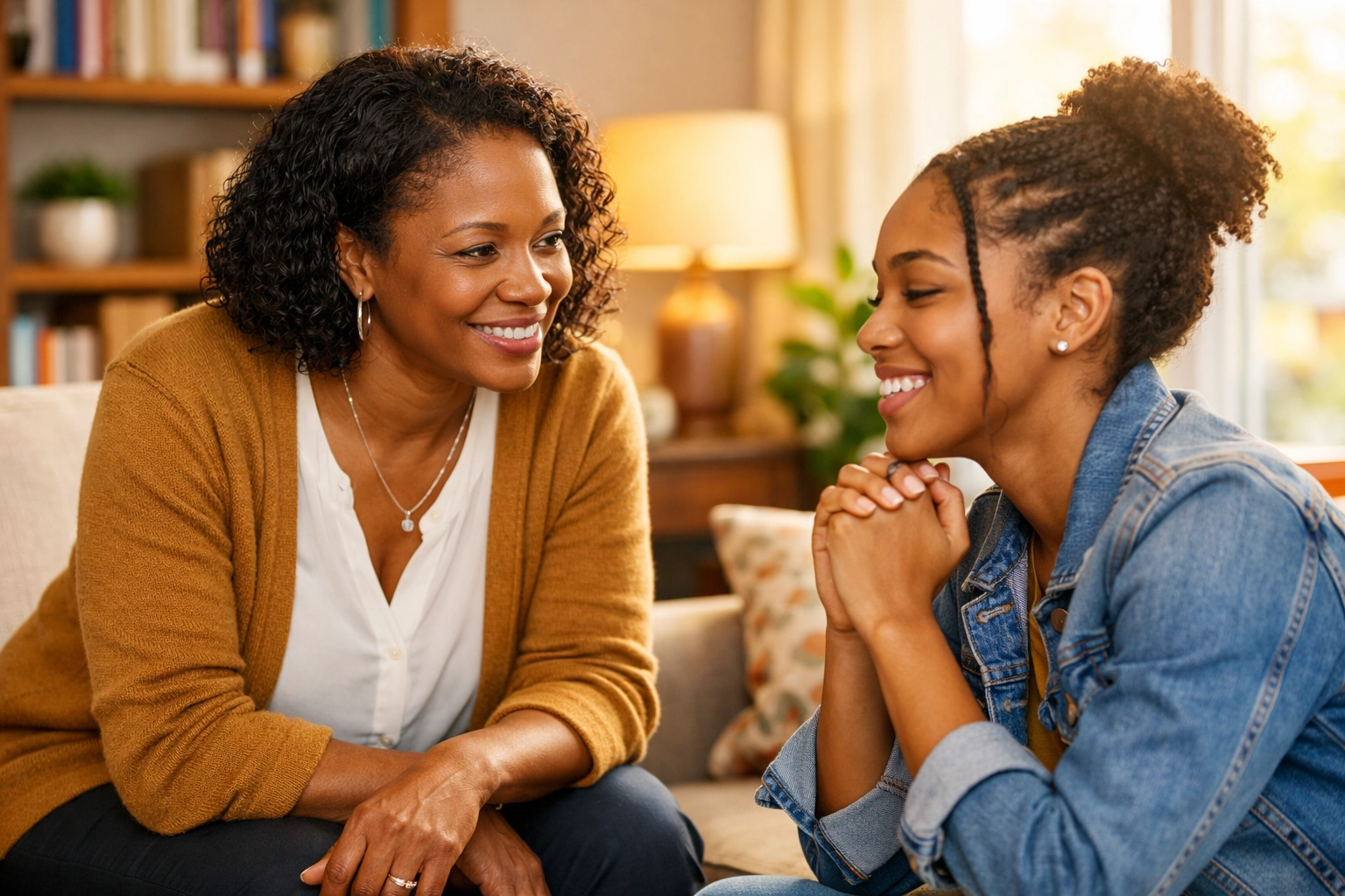 Black female counselor providing crisis counseling in New Jersey to a displaced woman in a safe, warm office.