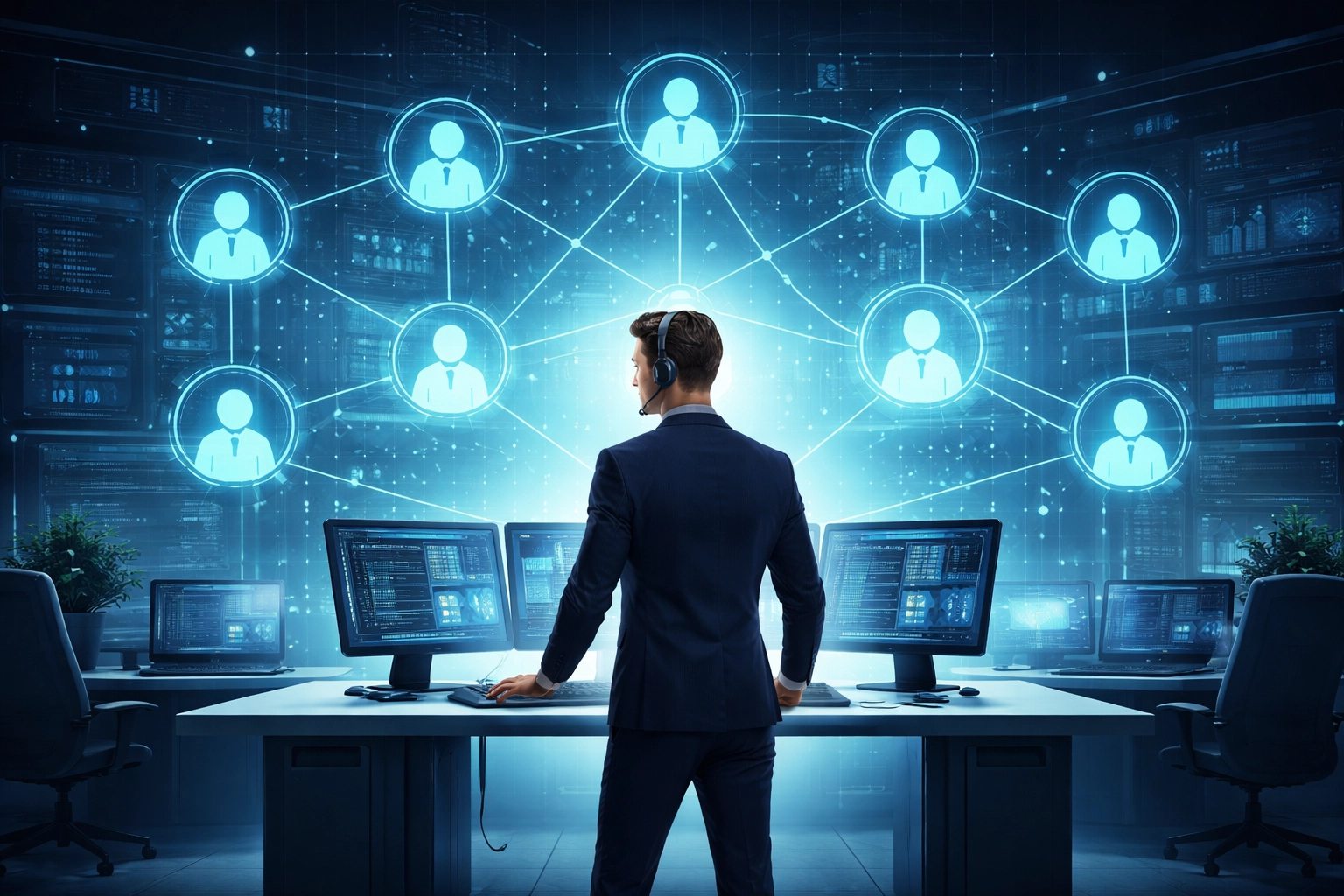 Confident IT administrator with a virtual security team, demonstrating managed IT services for efficient municipal cybersecurity.