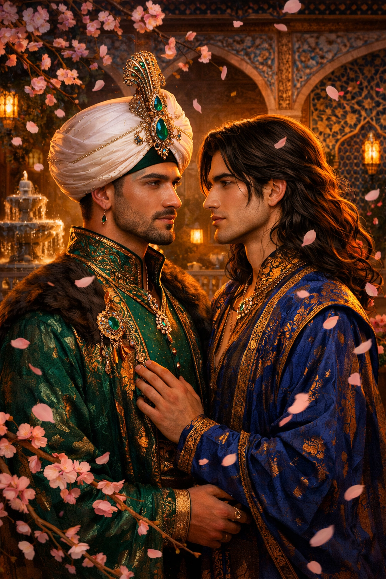Two young men in Ottoman court attire sharing an intimate moment in palace garden