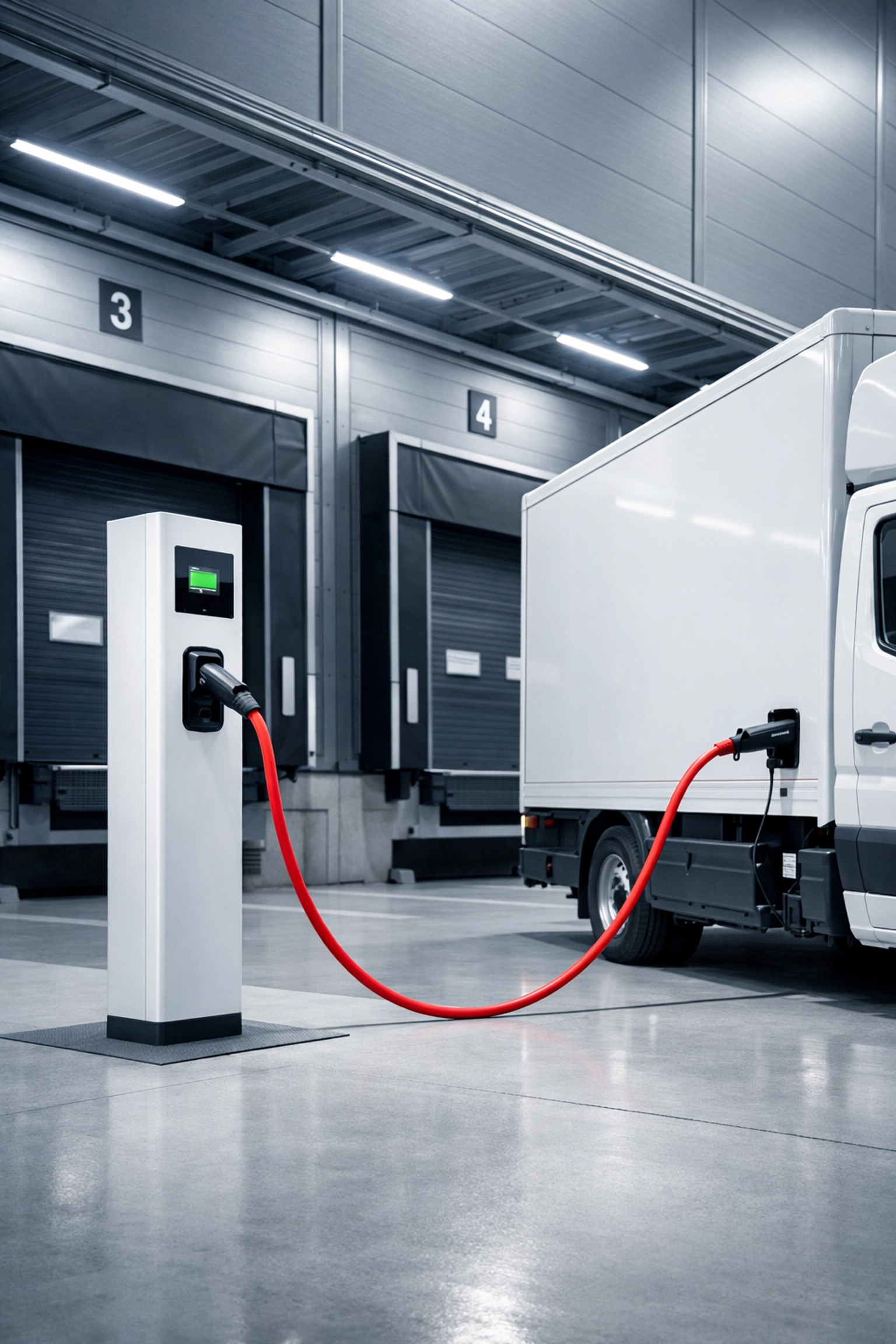 Electric vehicle charging station at a sustainable warehouse facility for eco-friendly logistics.