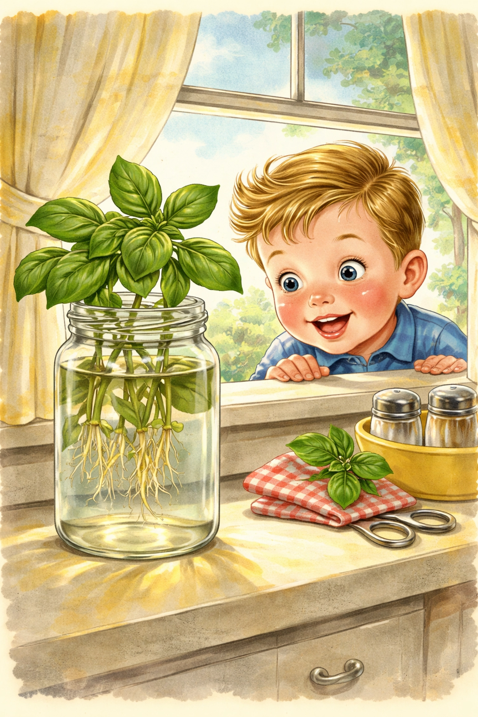 Child observing basil cuttings rooting in water on a sunny windowsill, starting a recycled jar herb garden