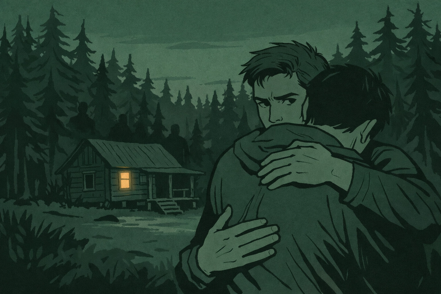 Two men embrace outside isolated cabin at dusk as danger looms in dark forest - MM thriller romance