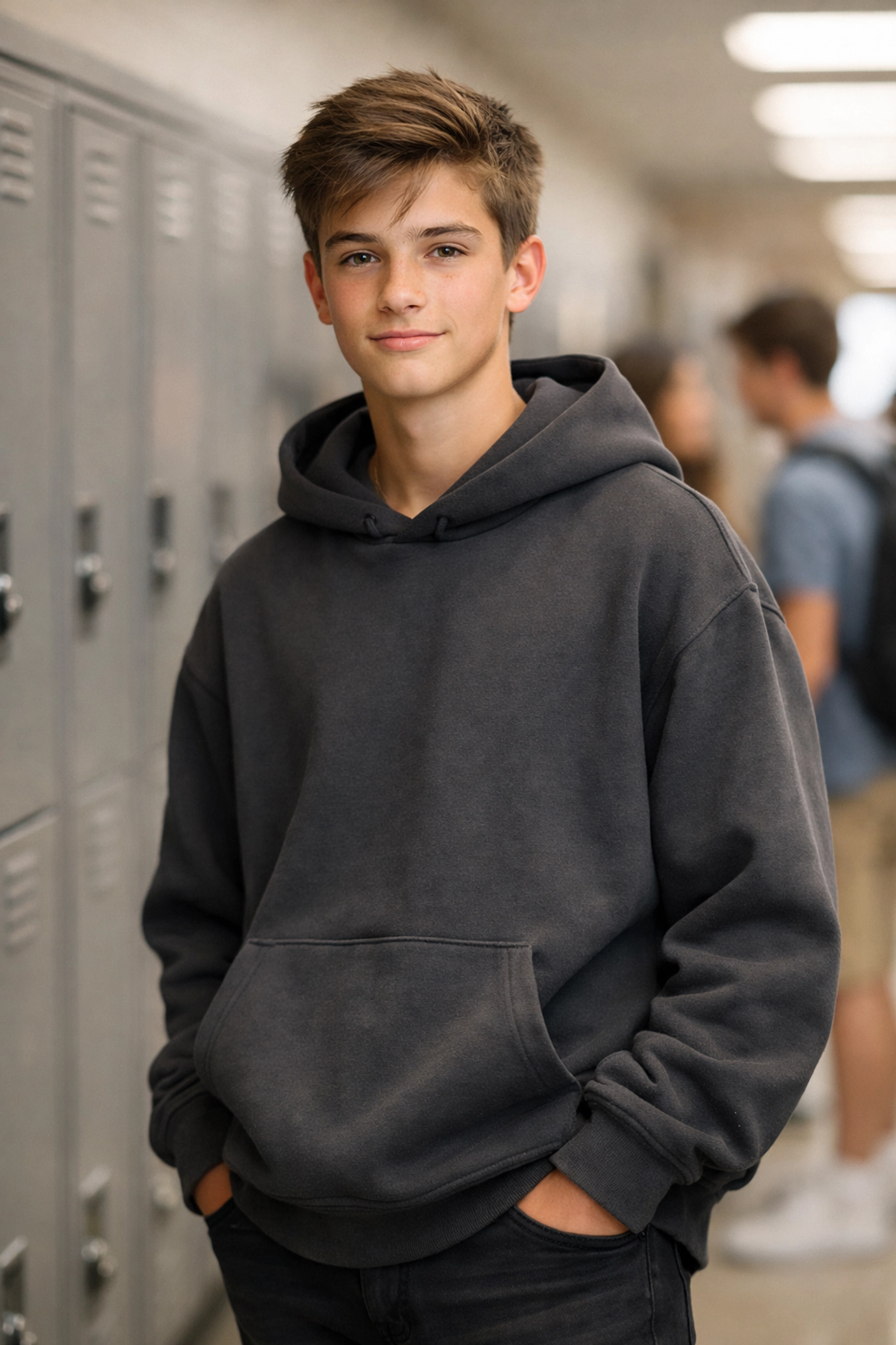 Teen wearing weighted hoodie for anxiety blending in at school with stealth stimming clothing