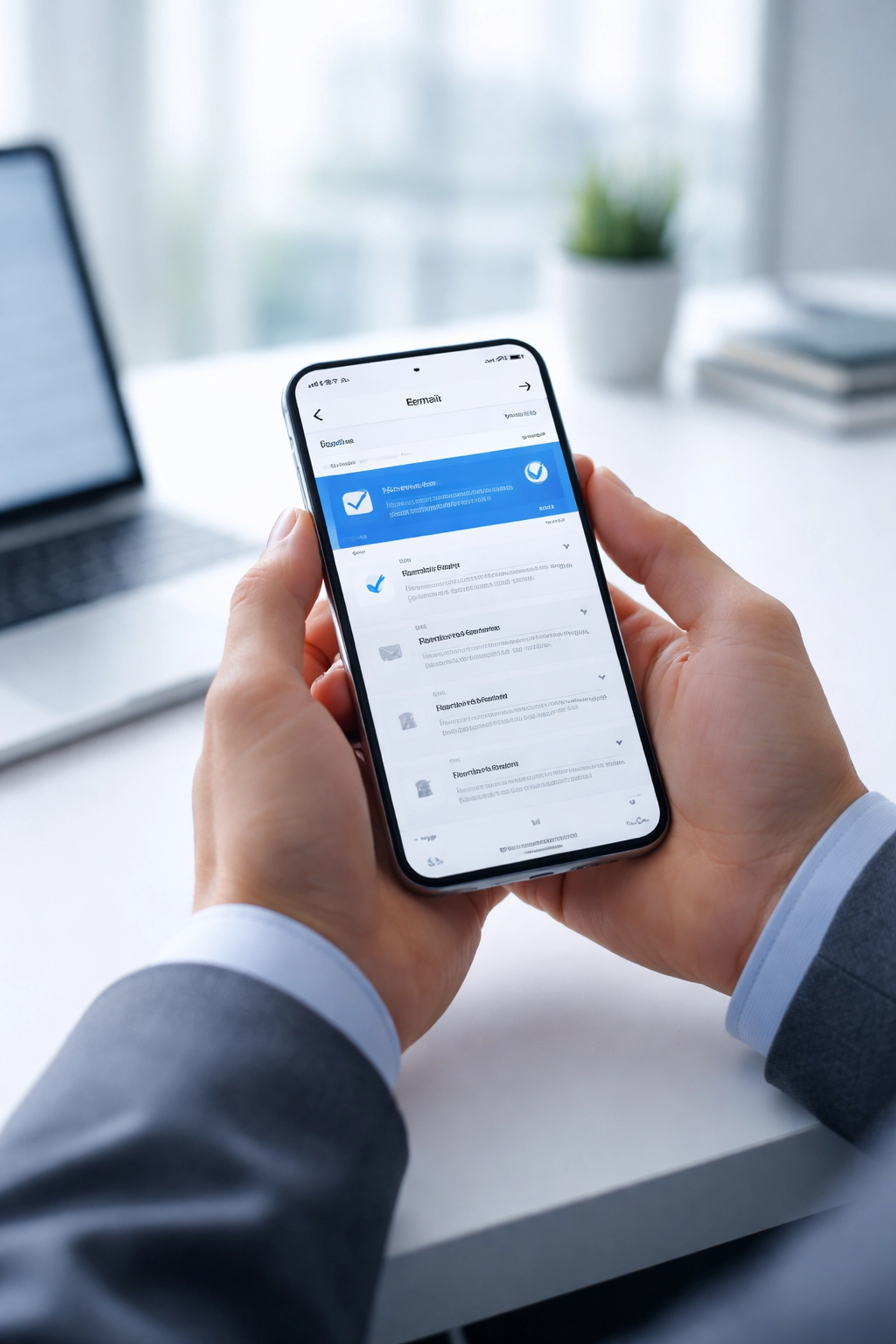Business professional checking a smartphone inbox with a blue verified sender logo, emphasizing BIMI trust for business emails.