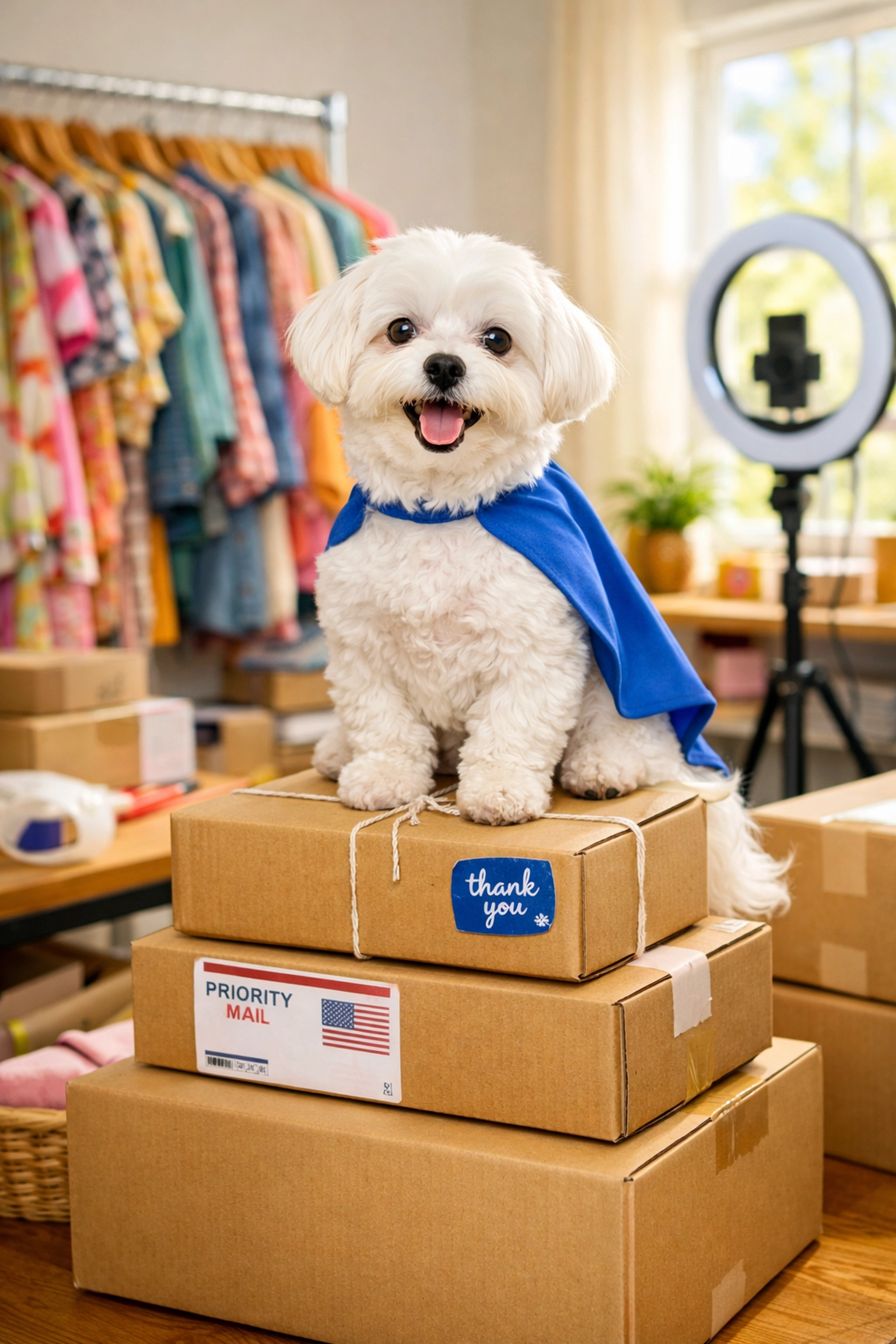 Daisy the Maltese mascot sitting on shipping boxes in a successful online thrifter's office.