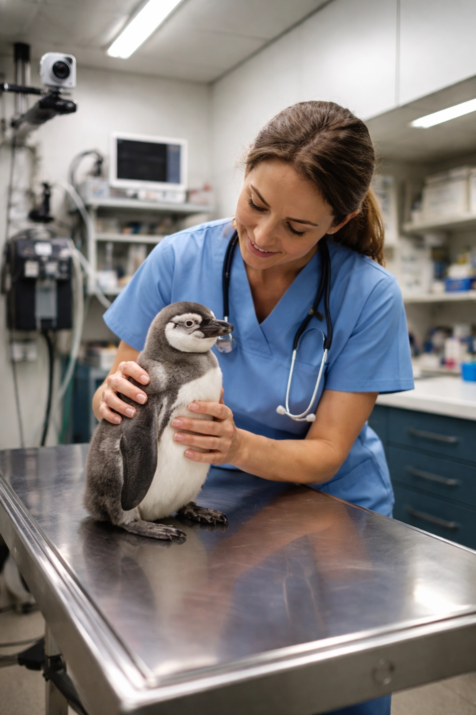 Zoo veterinarian examines young penguin in a clinic with a live streaming camera, showcasing animal care technology.