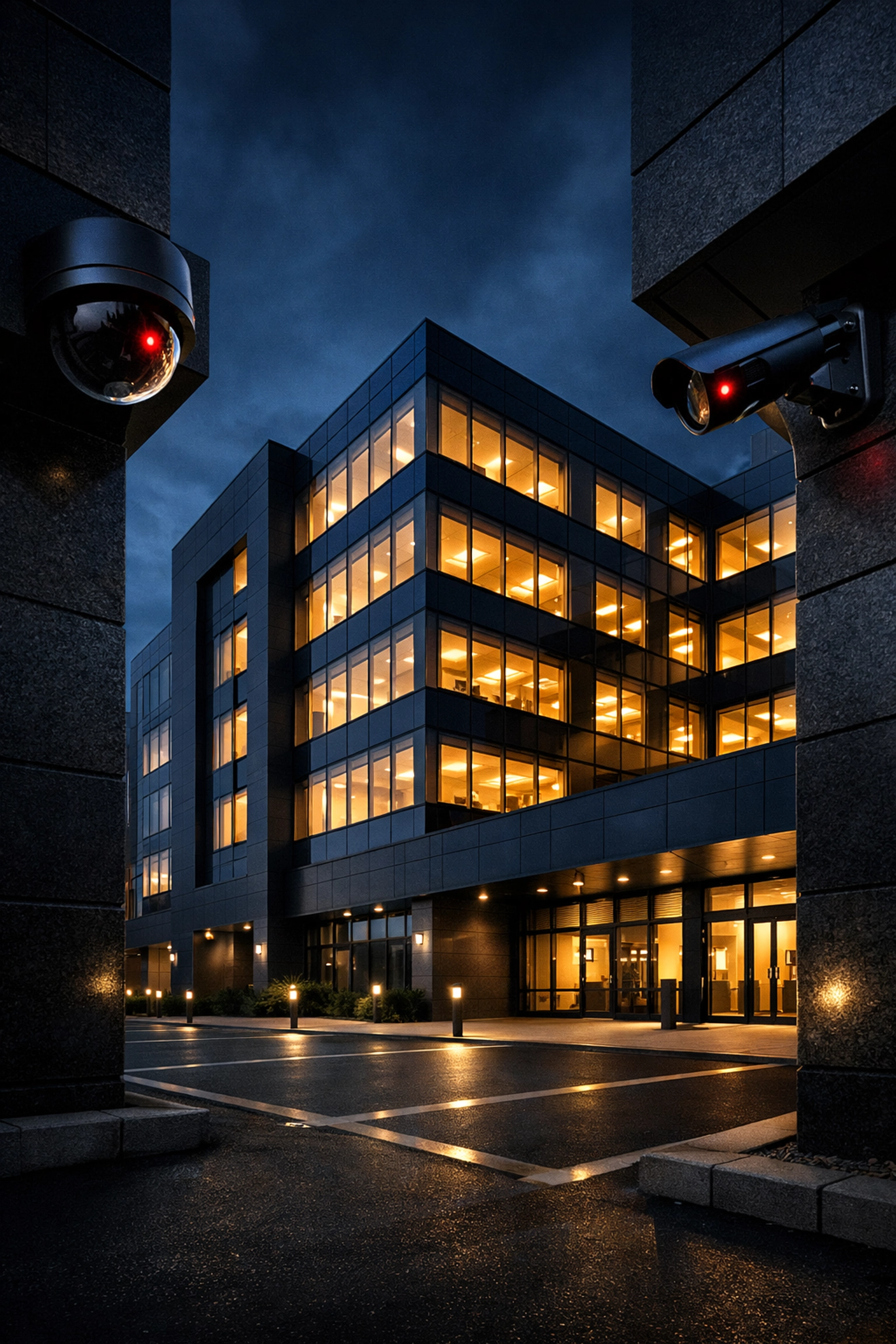 Business building with security cameras installed at entrances and parking areas at dusk