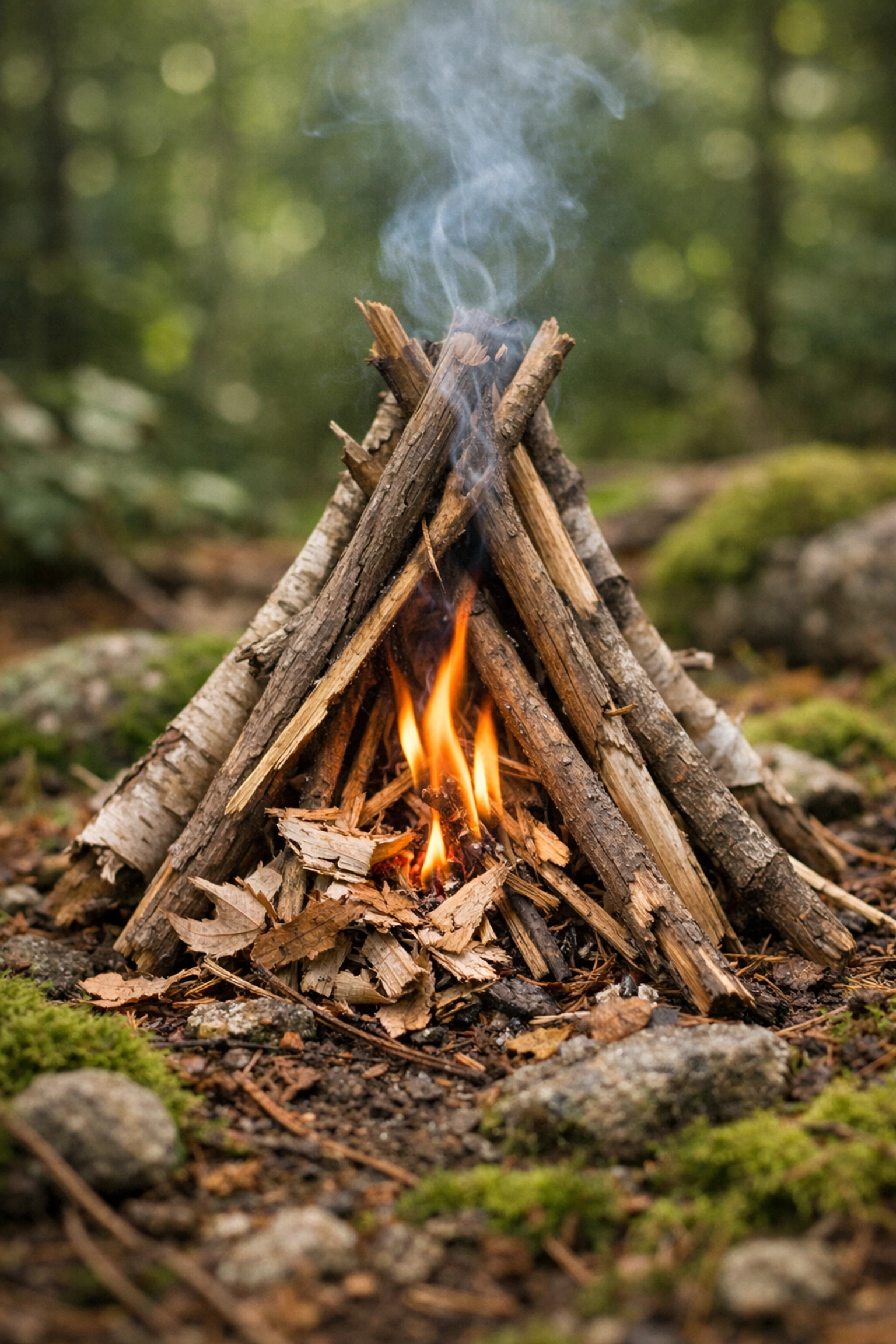A tipi-style campfire being lit with birch bark tinder in a UK woodland.