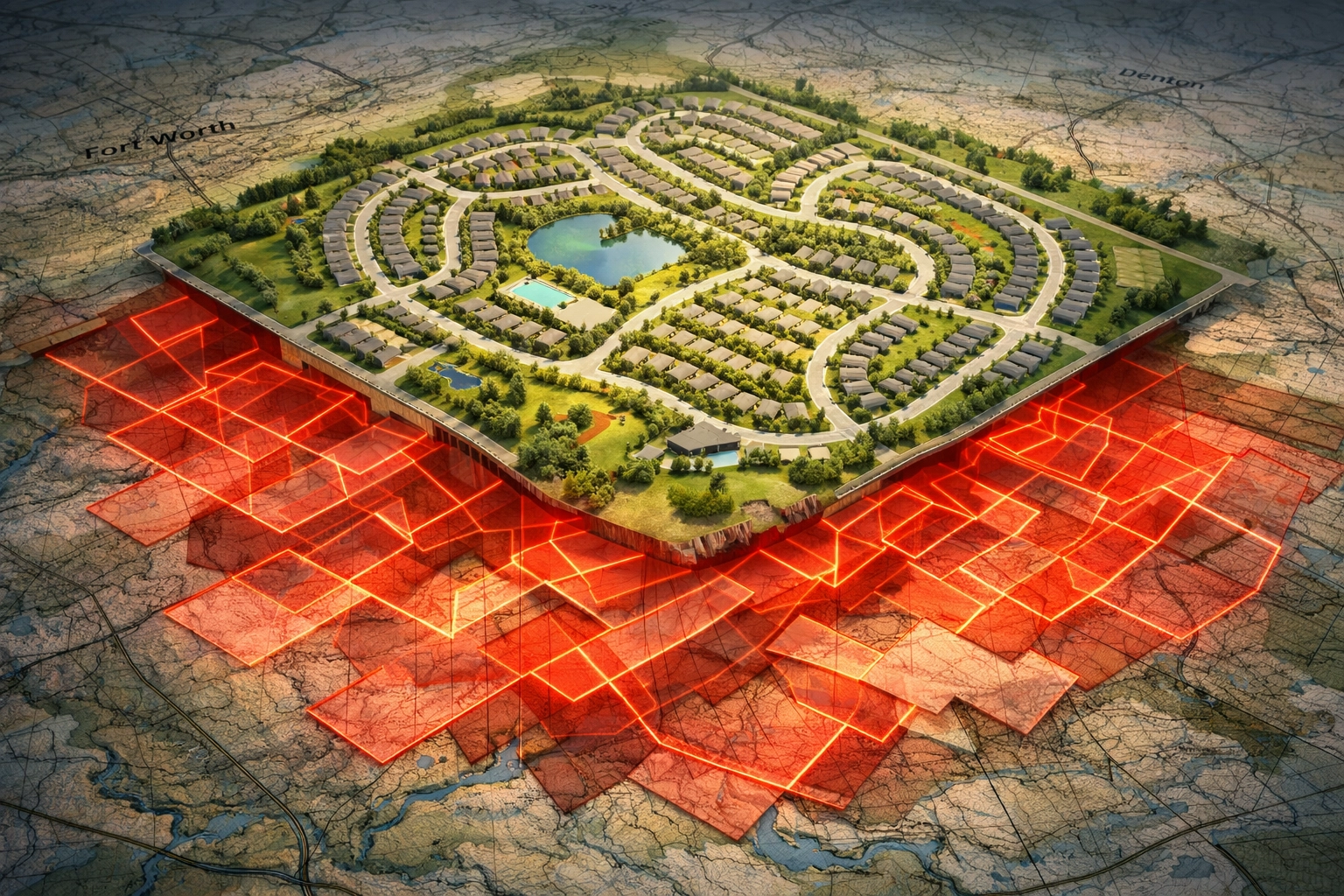 Subdivision site plan overlaid with mineral lease boundaries in North Texas development tract