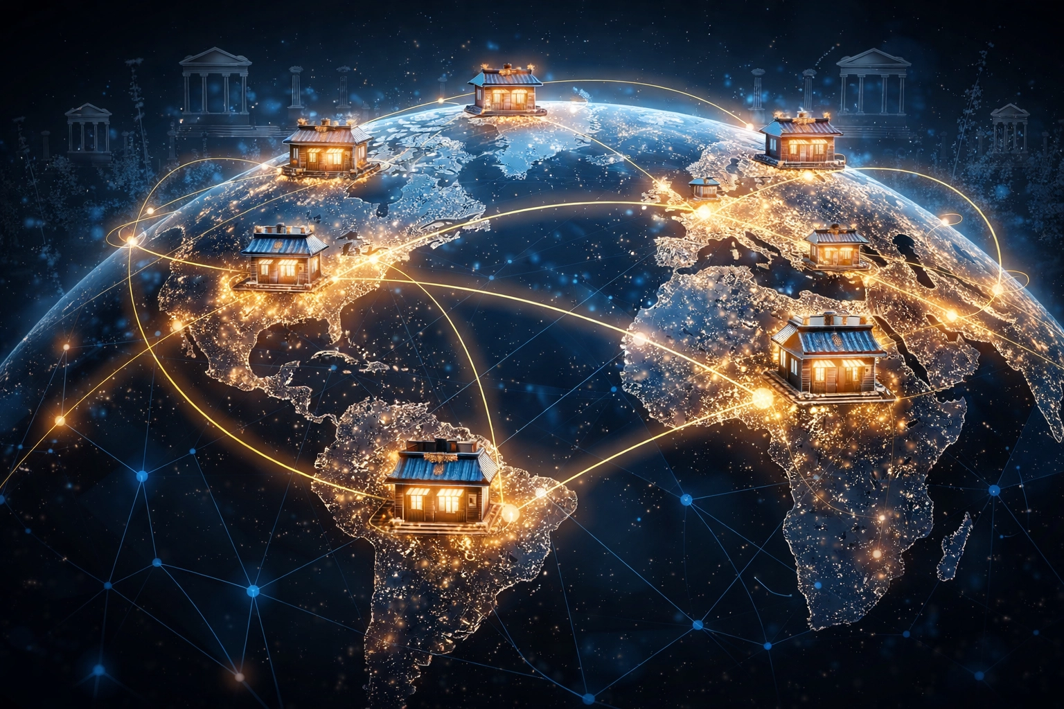 Global network of merchant storefronts connected by golden light beams, symbolizing LUSD stablecoin's borderless Web3 payments and global reach.