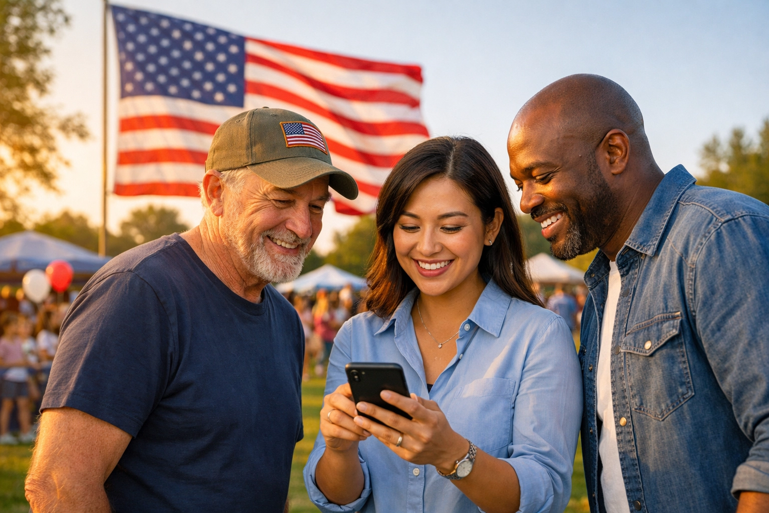 Community members gather in a park to share patriotic news and discuss local civic duty and milestones.