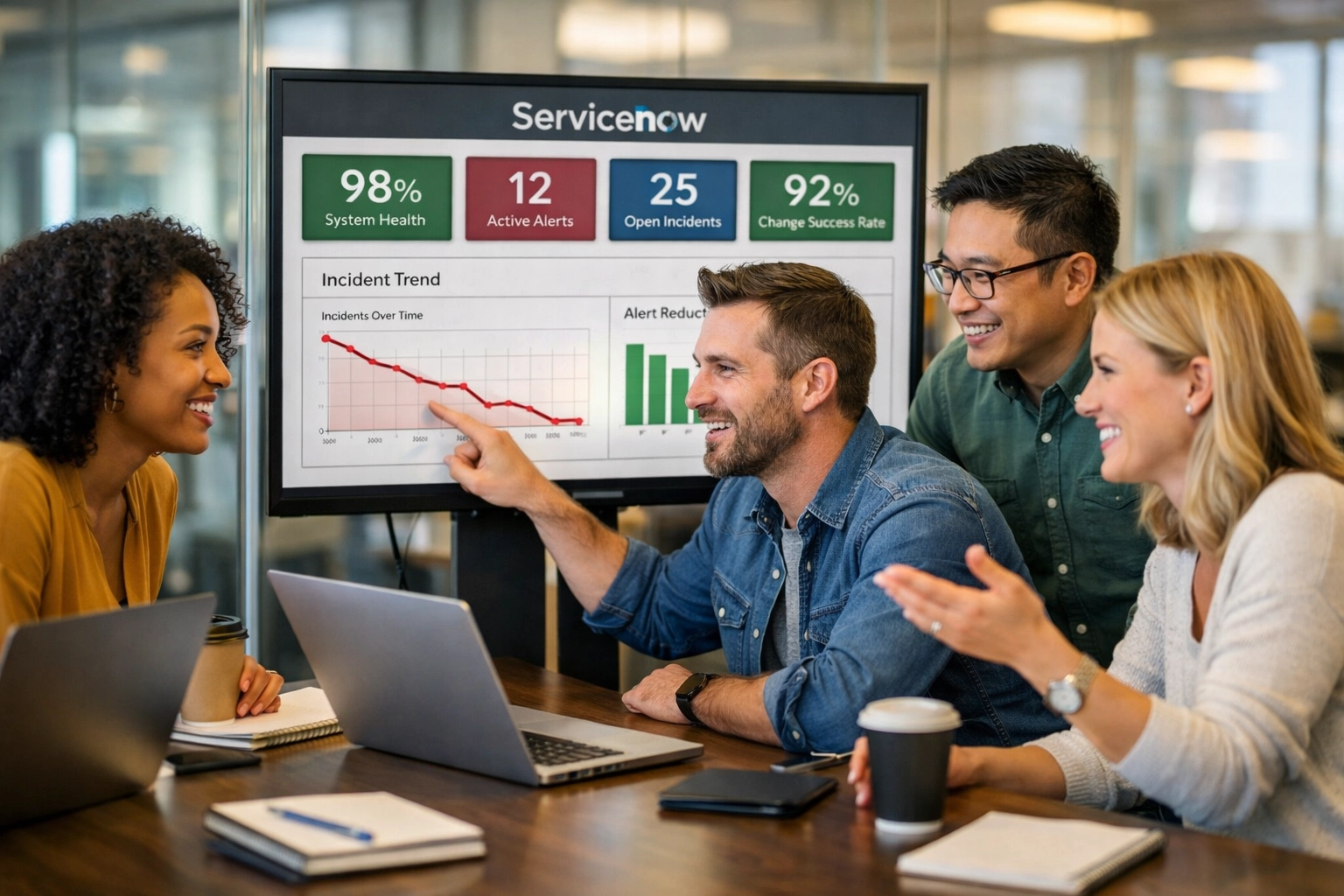 IT professionals reviewing ServiceNow ITOM dashboard showing improved performance metrics
