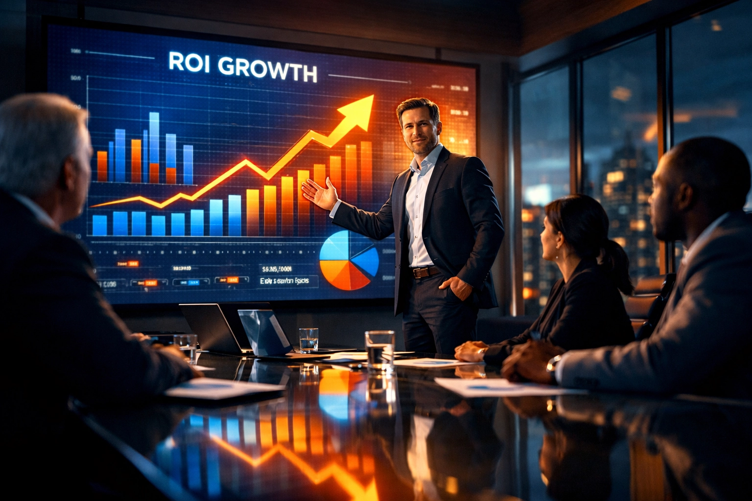 CMO presenting Super Bowl ROI data and marketing budget analysis in corporate boardroom