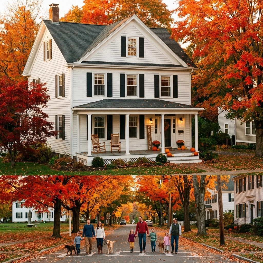 Connecticut town green with farmers market and families on a sunny day
