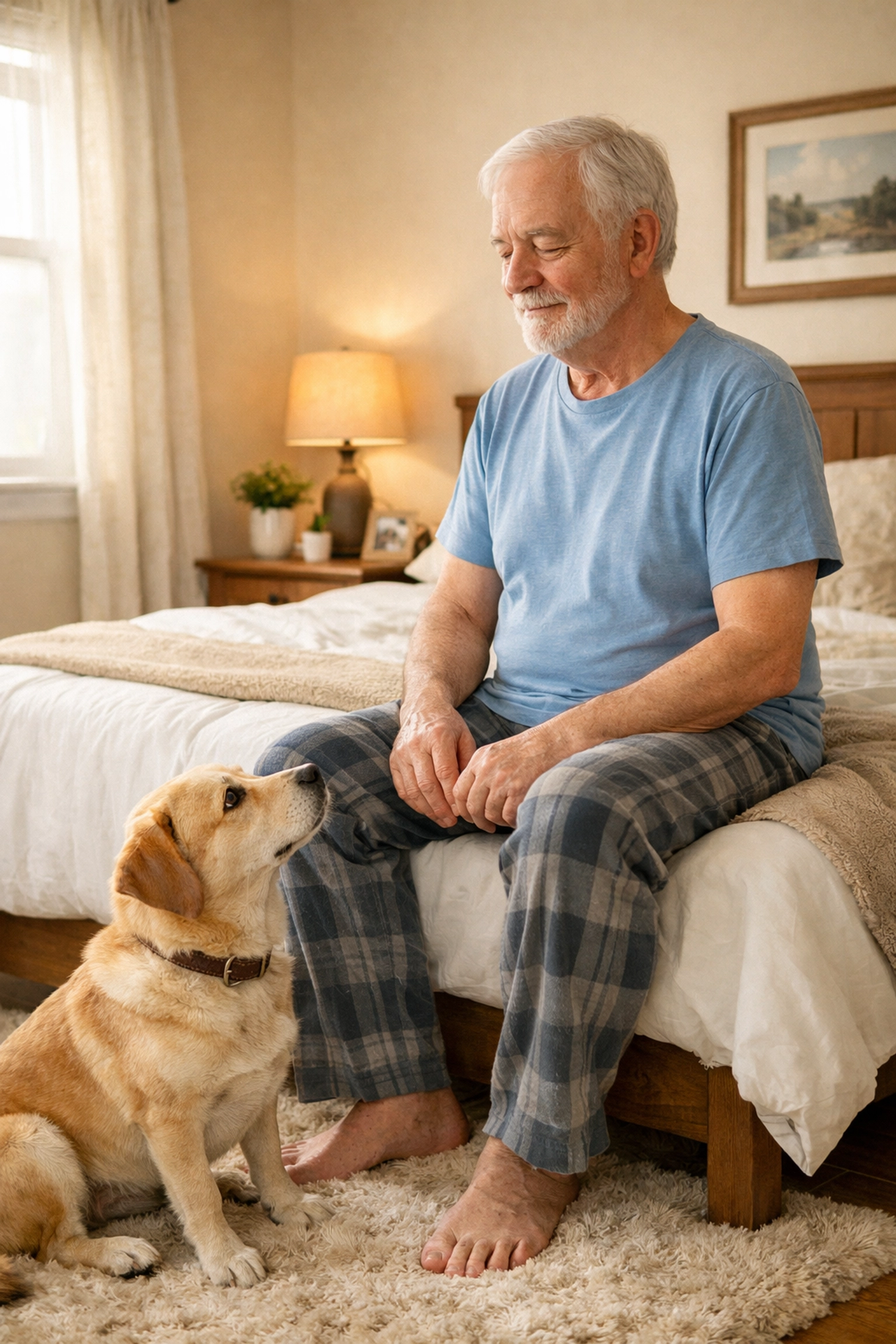 Senior man sitting on his bed practicing safe movement habits to prevent dizziness and falls when standing.