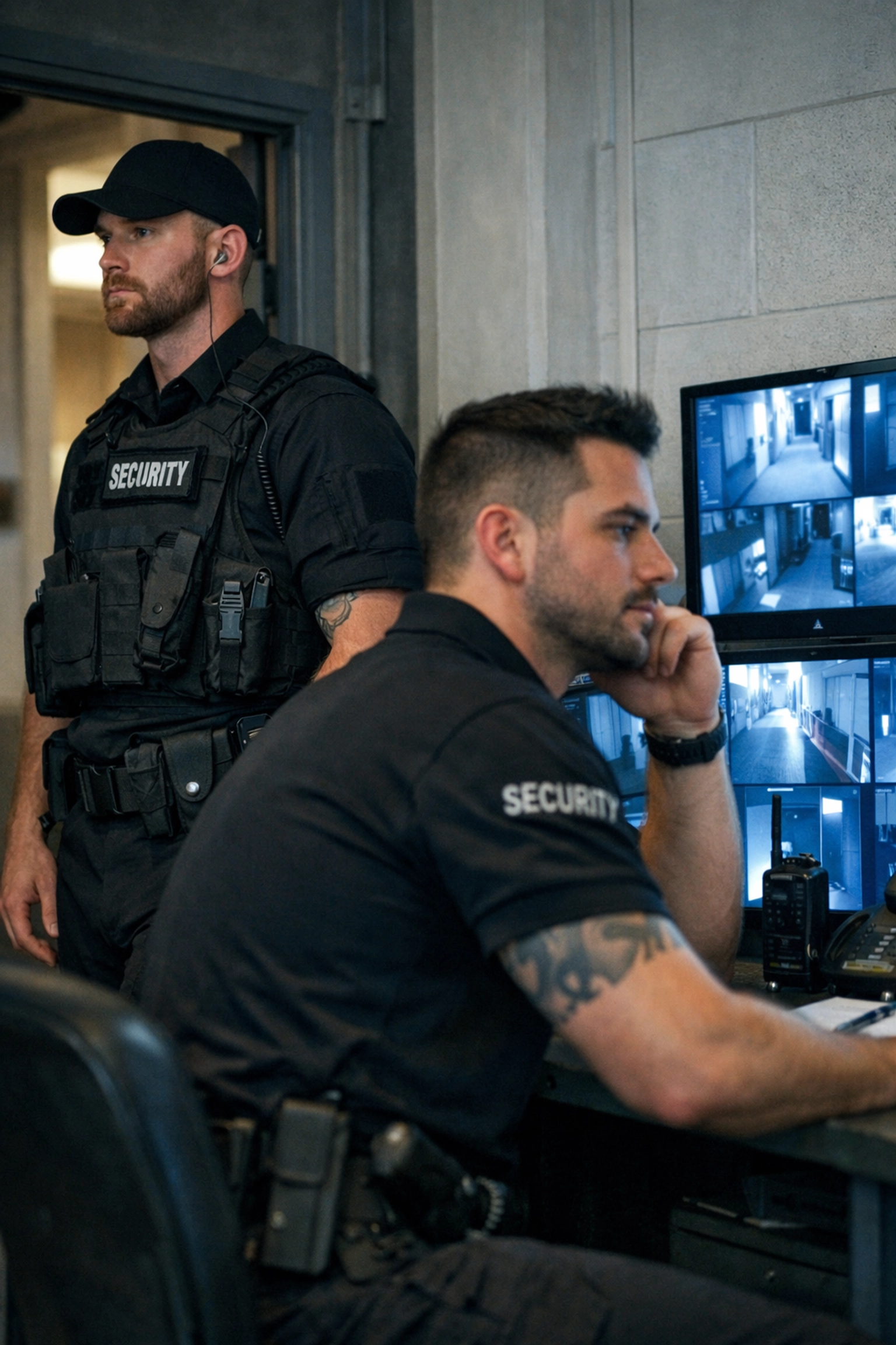 Two male security professionals on duty monitoring checkpoint screens and equipment