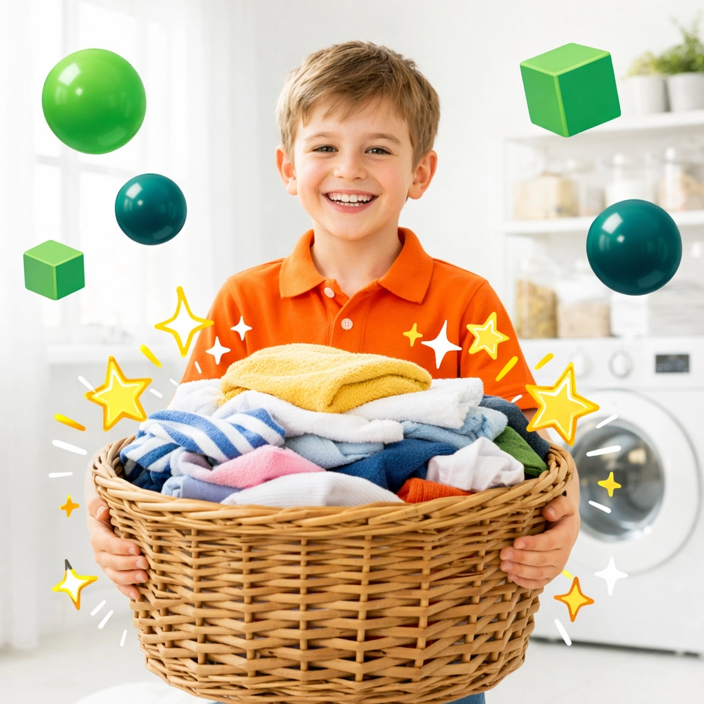 Happy young boy carrying laundry, demonstrating the long-term benefits of household chores for kids.