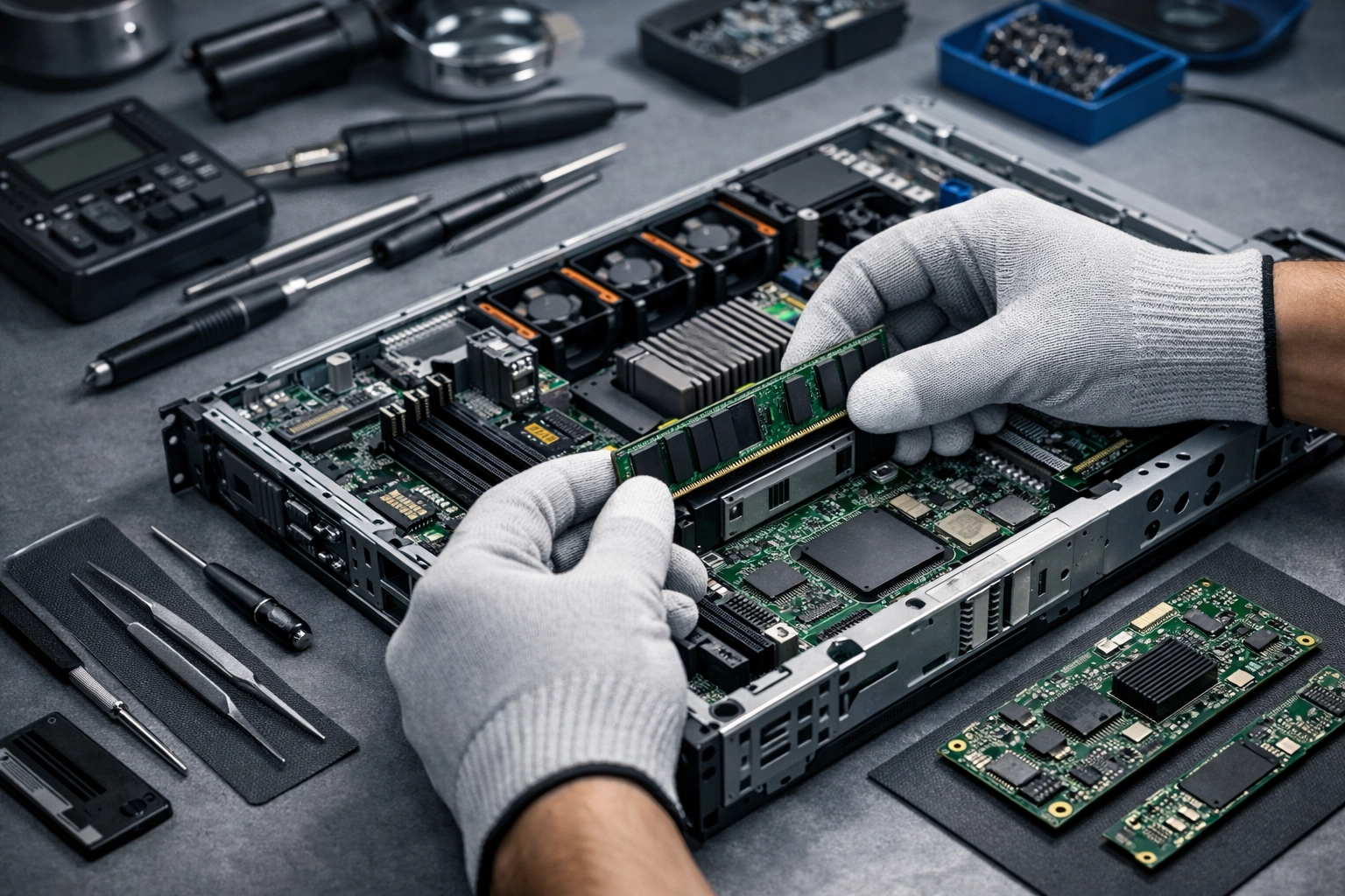 Technician repairing an enterprise server chassis to extend hardware lifecycle and support right to repair.