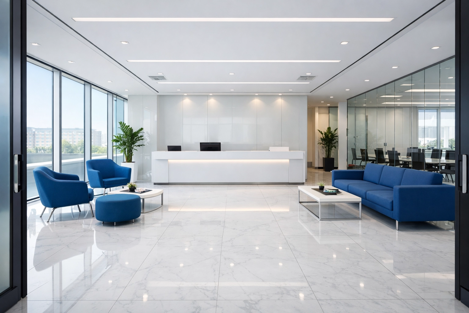 Clean and polished office reception area managed by a professional commercial cleaning company in Scotland.