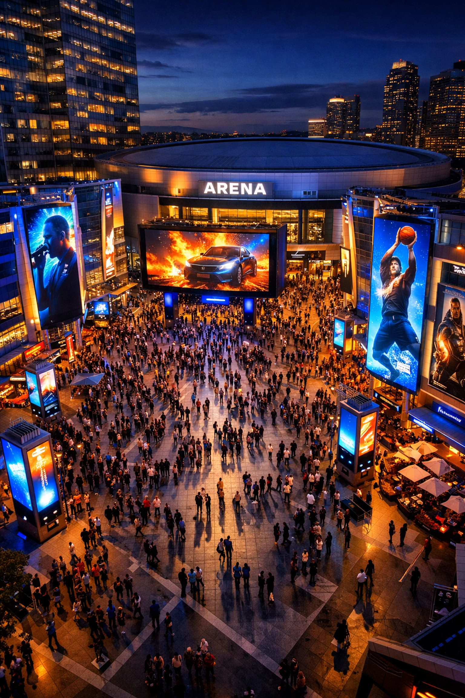 Urban digital billboard towers at the entrance of a major sports and entertainment arena.
