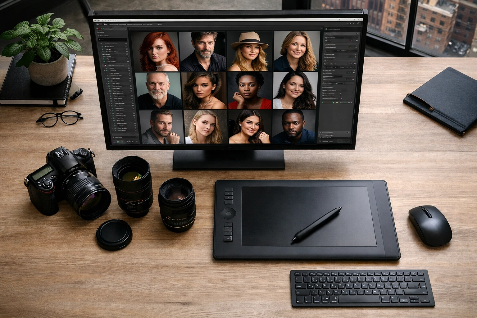 Professional NYC photographer's workspace in a Manhattan loft showing photo editing and high-resolution portraits.