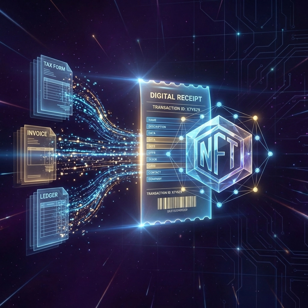 Futuristic digital receipt transforming into NFT token, showcasing Larecoin's automated blockchain accounting for small businesses