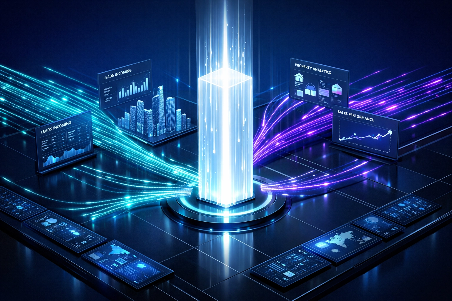 Digital dashboard showing real estate lead nurture automation processing high volumes of client data.