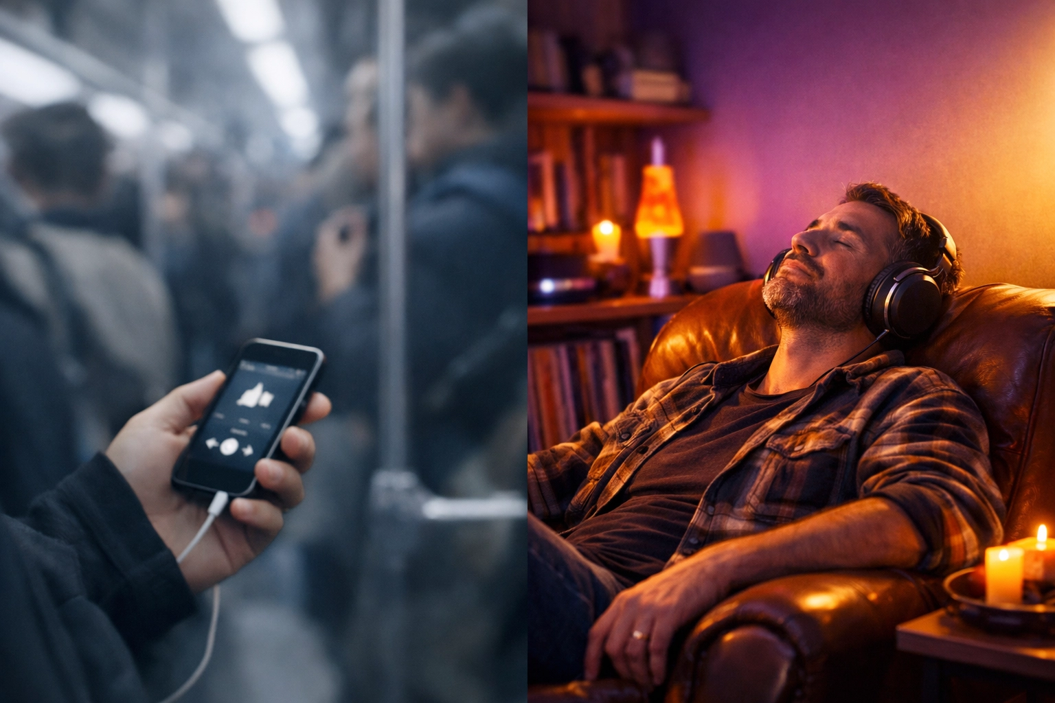 Visual comparison of distracted mobile music listening and high-engagement home theater viewing.