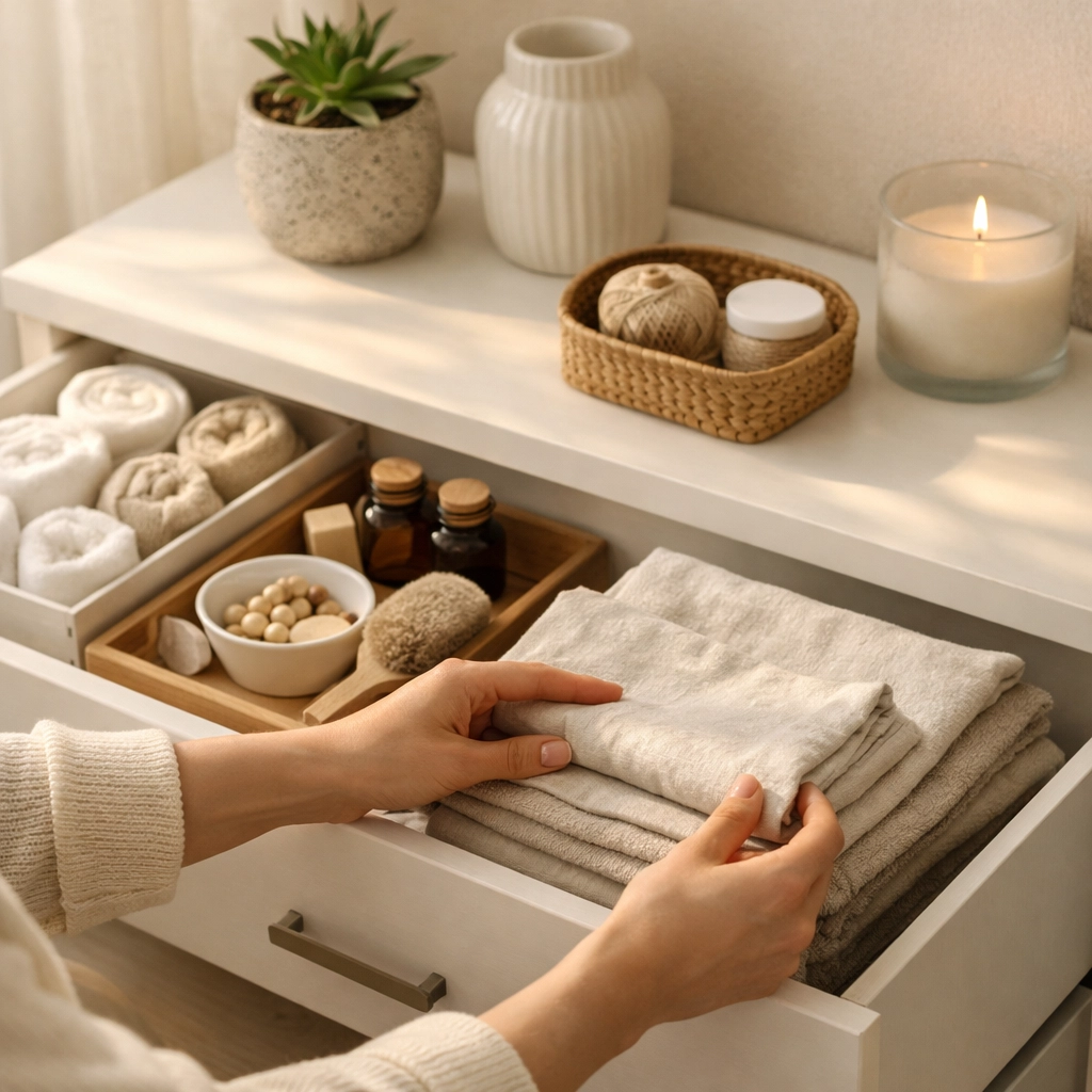 Hands organizing home items in drawer for stress-free Saturday reset routine