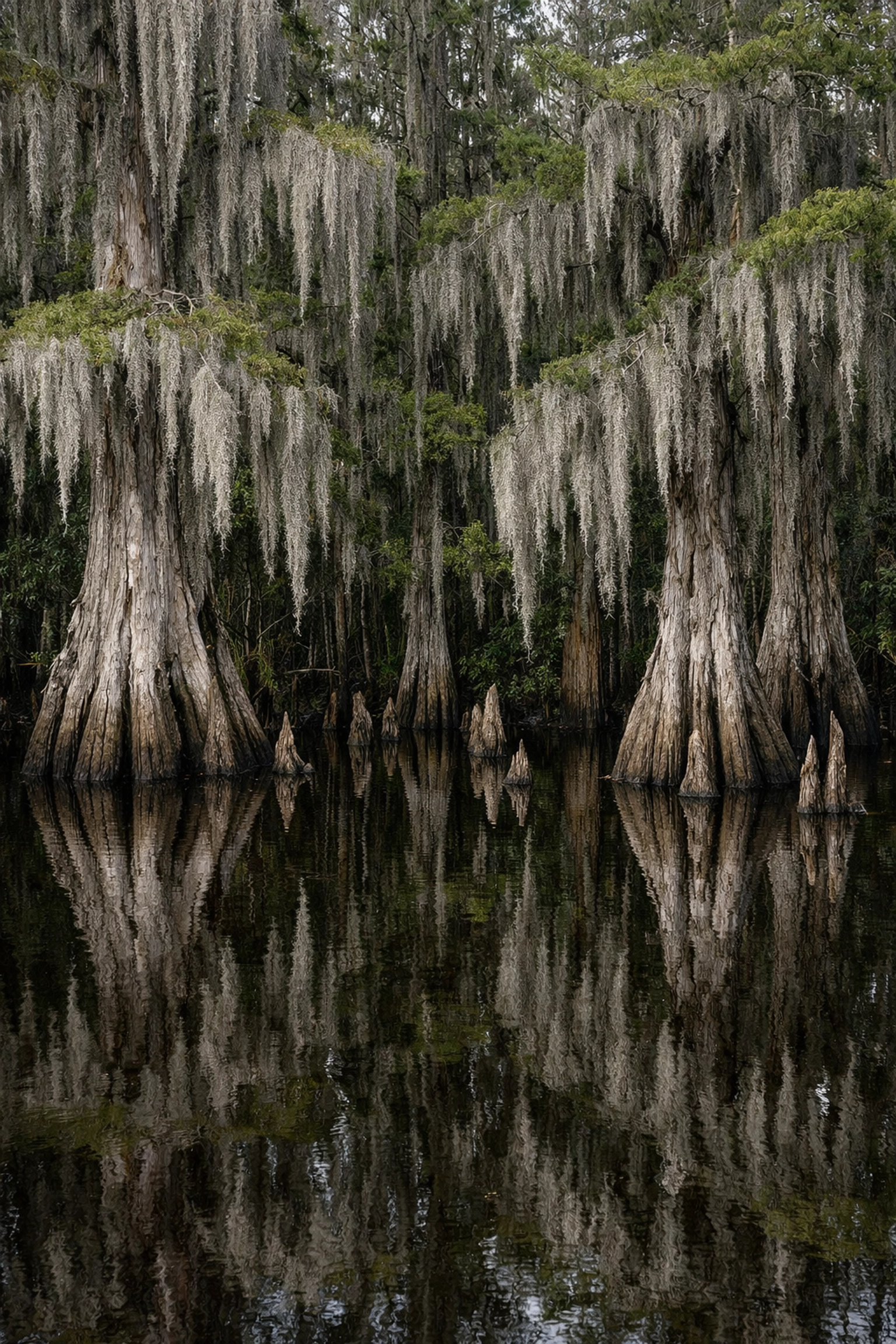 Bald cypress trees draped in Spanish moss reflecting in Big Cypress National Preserve water.