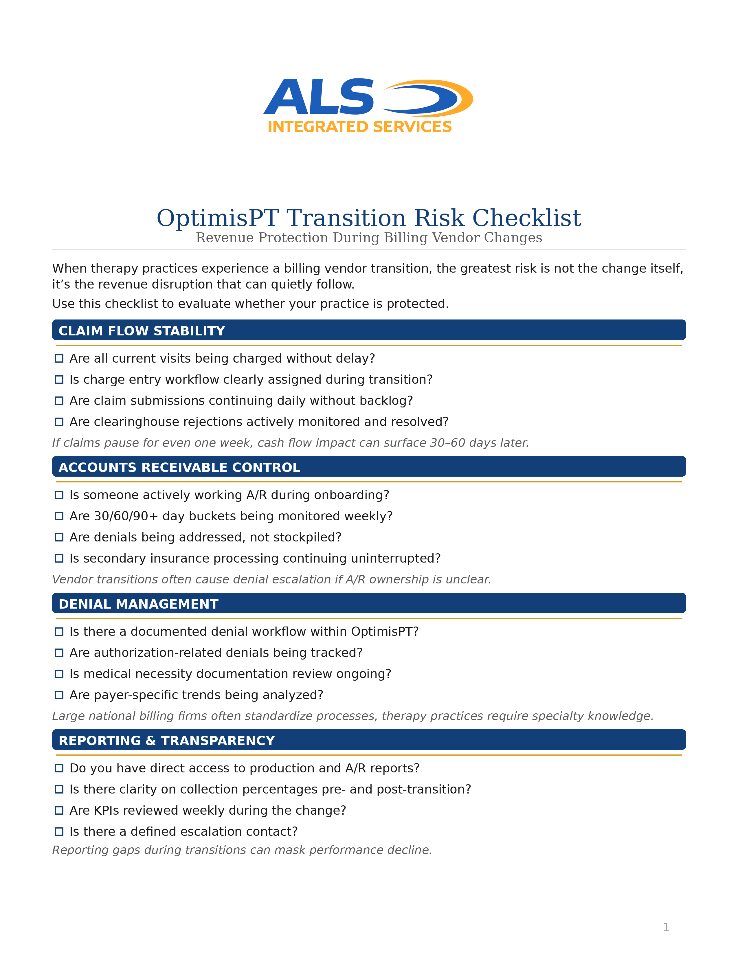 Do You Really Need In-House Therapy Billing? Here’s the Truth OptimisPT Transition Risk Checklist from ALS Integrated Services