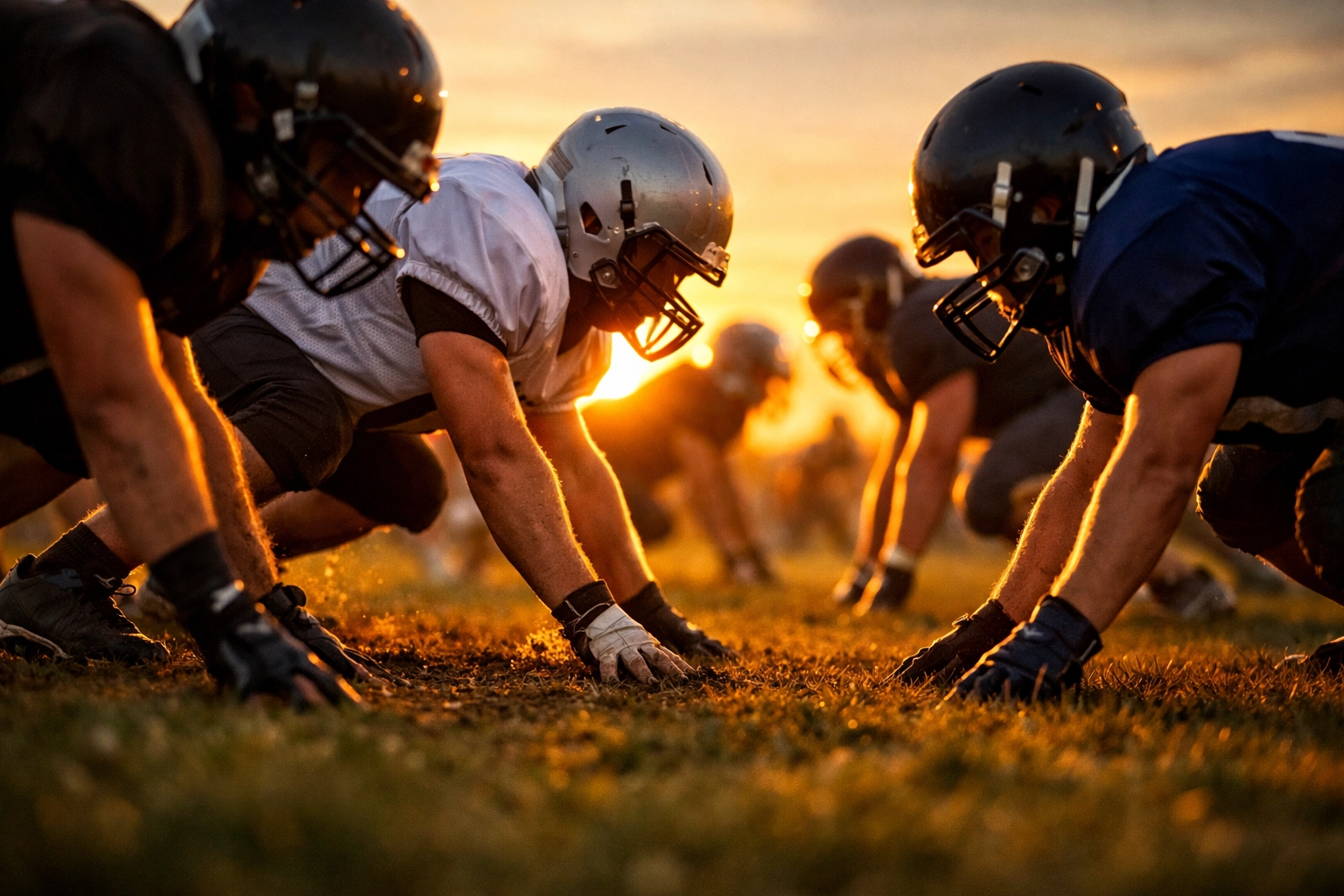 Youth football offensive linemen in three-point stance during practice in New Jersey